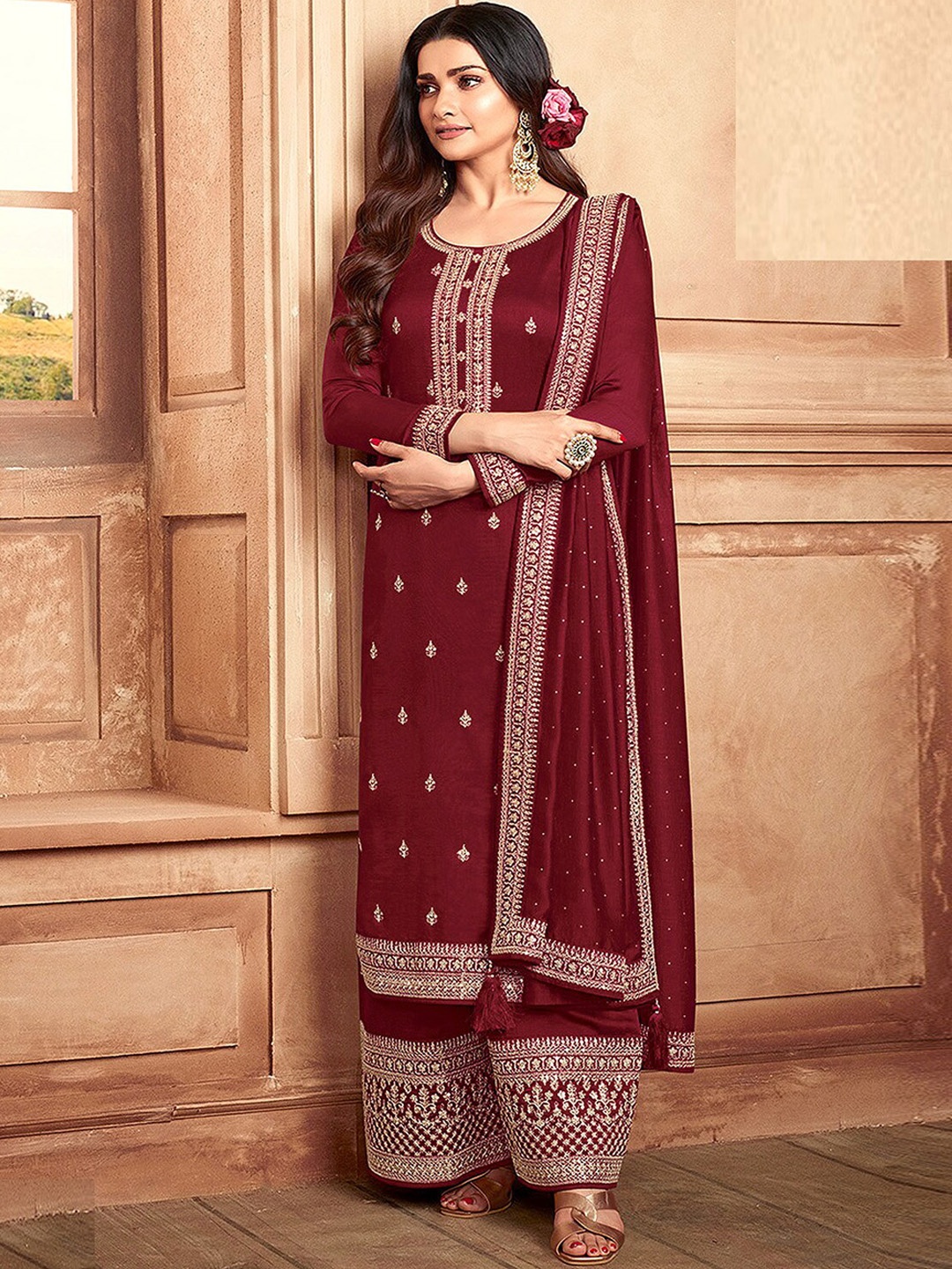 

ODETTE Ethnic Motifs Sequinned Embroidered Semi Stitched Dress Material, Maroon