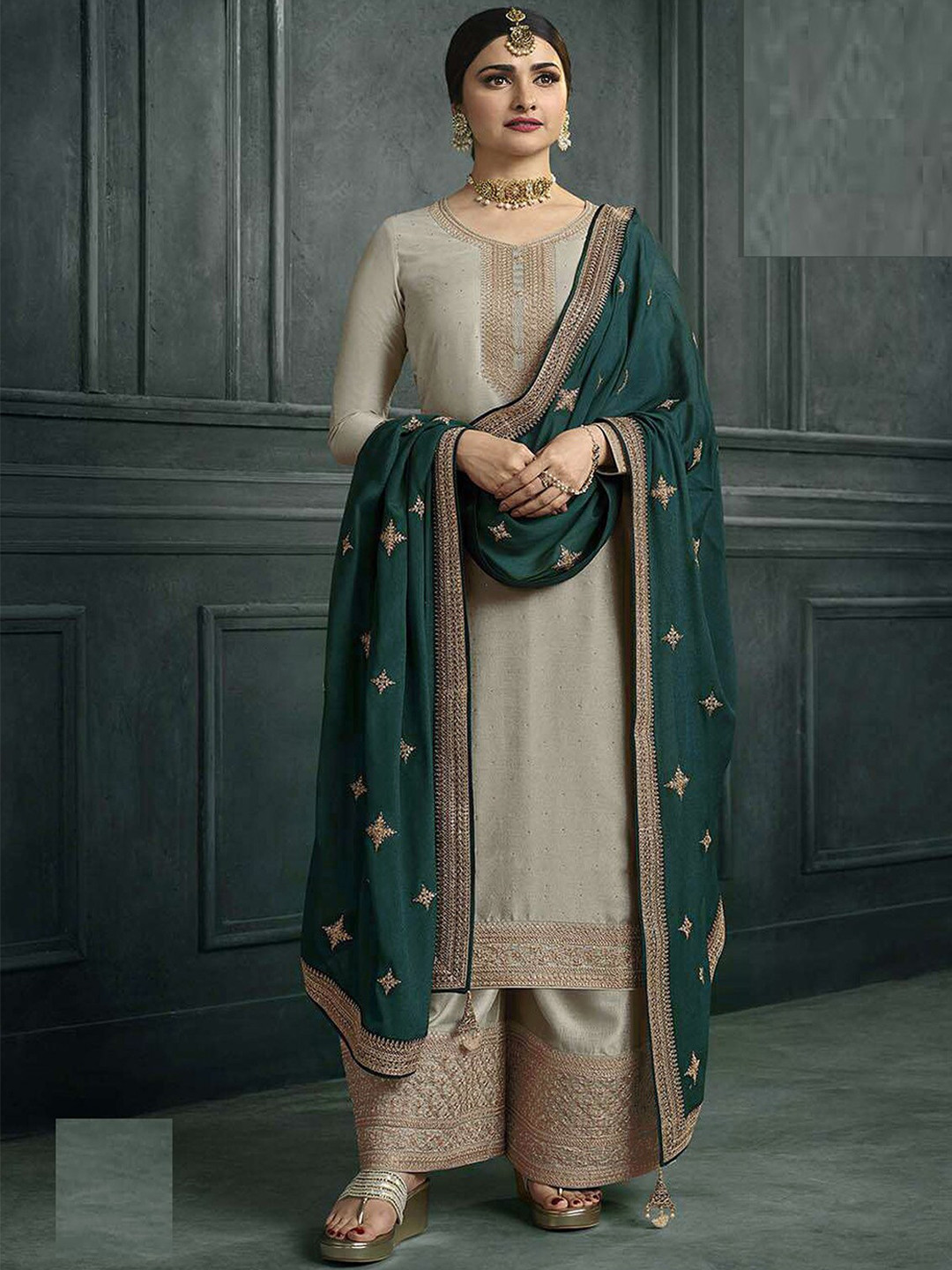 

ODETTE Ethnic Motifs Sequinned Embroidered Semi Stitched Dress Material, Grey