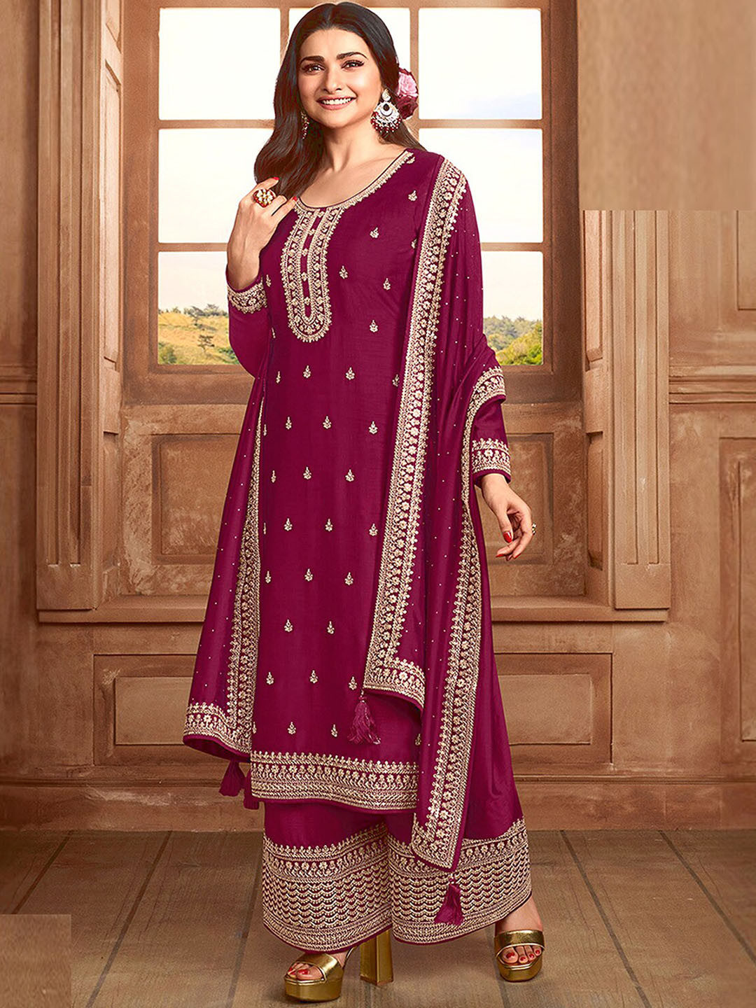 

ODETTE Magenta Embroidered Silk Georgette Semi-Stitched Dress Material