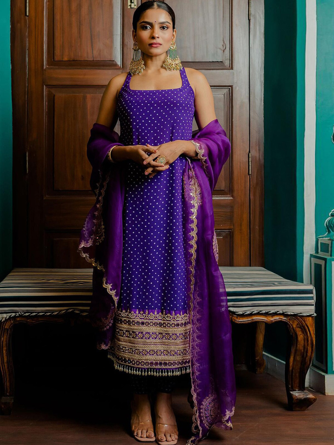 

ODETTE Ethnic Motifs Embroidered Beads & Stones Work Regular Kurta with Trousers & Dupatta, Purple