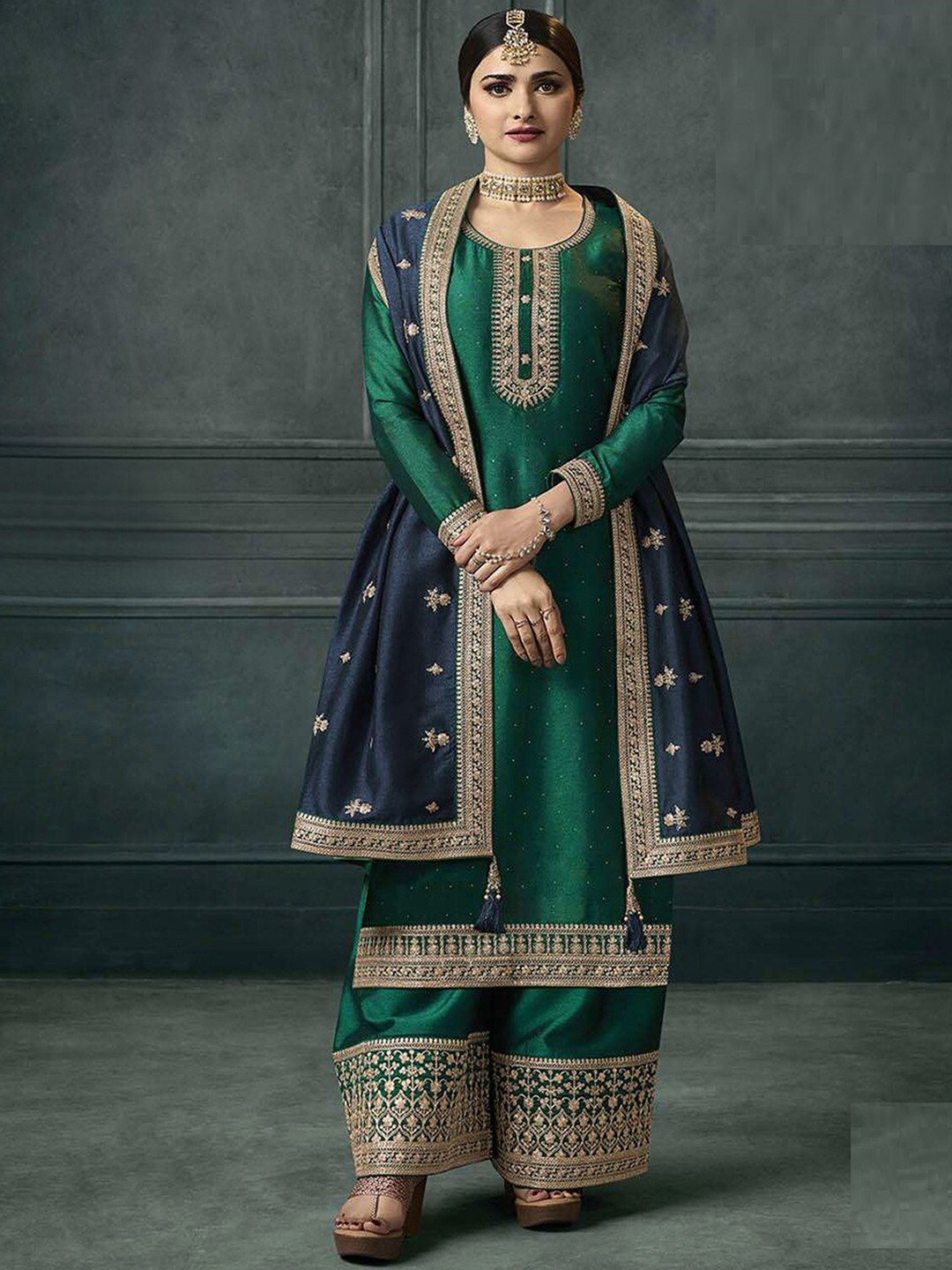 

ODETTE Embroidered Semi Stitched Dress Material, Green