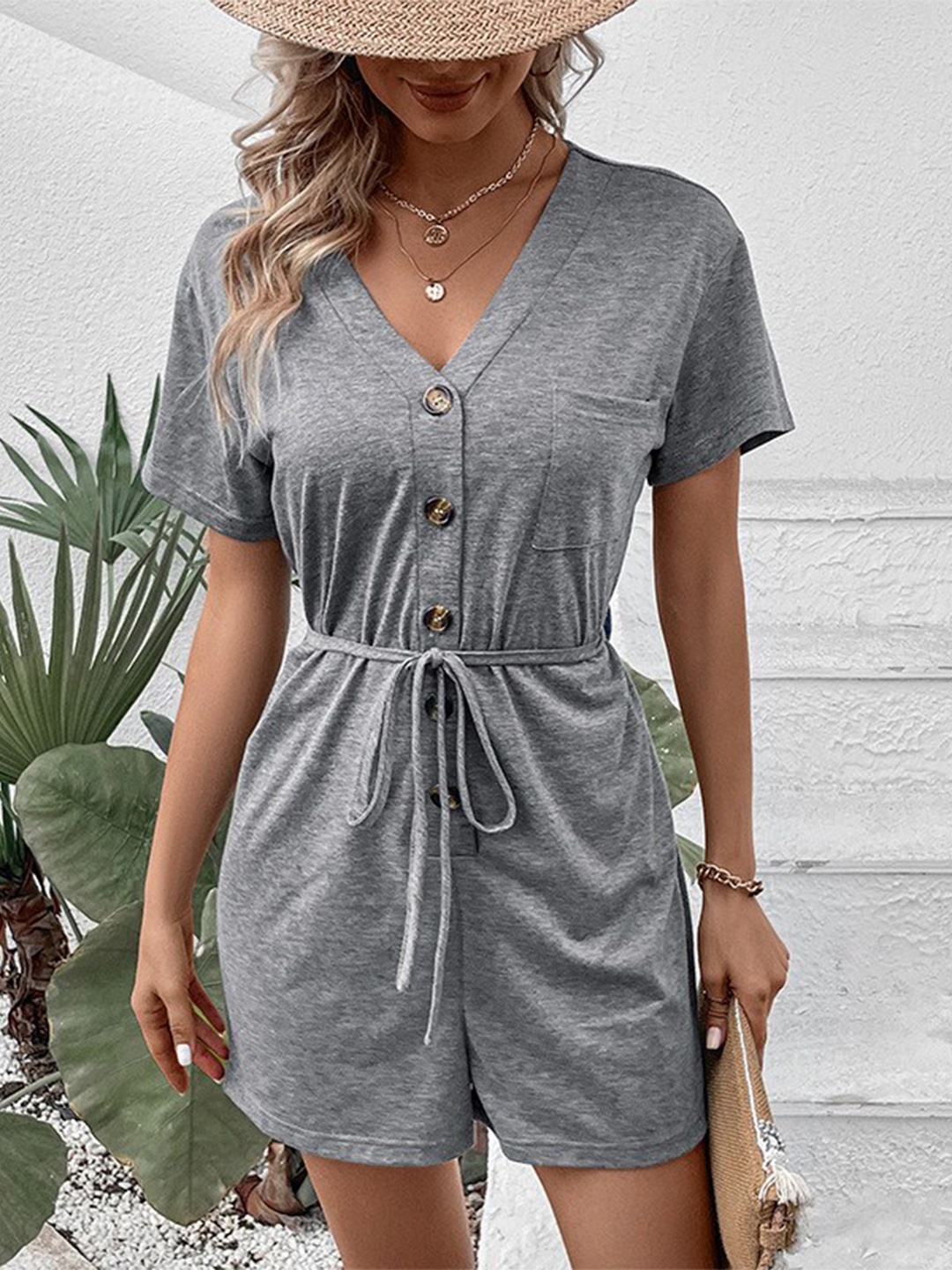 

StyleCast Grey V-Neck Waist Tie-Up Playsuit