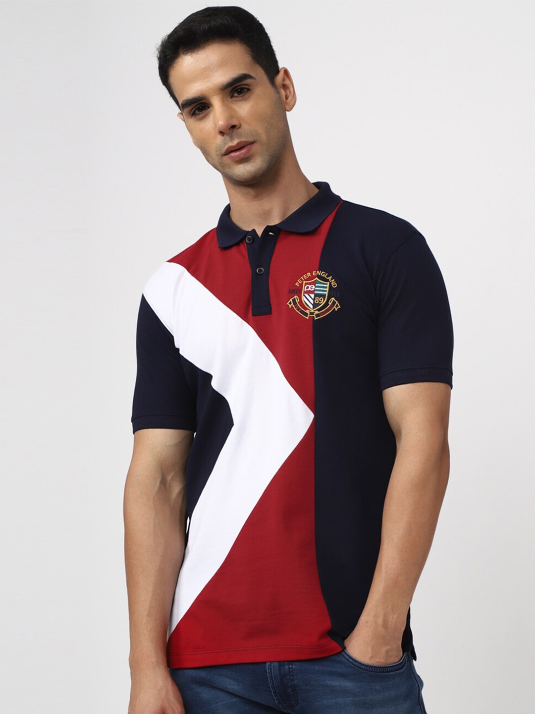 

Peter England Casuals Colourblocked Polo Collar T-shirt, Navy blue