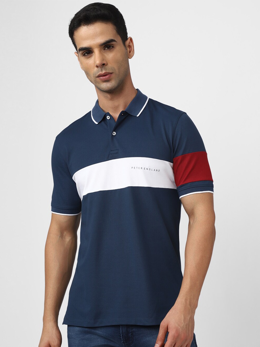 

Peter England Casuals Striped Polo Collar T-shirt, Navy blue