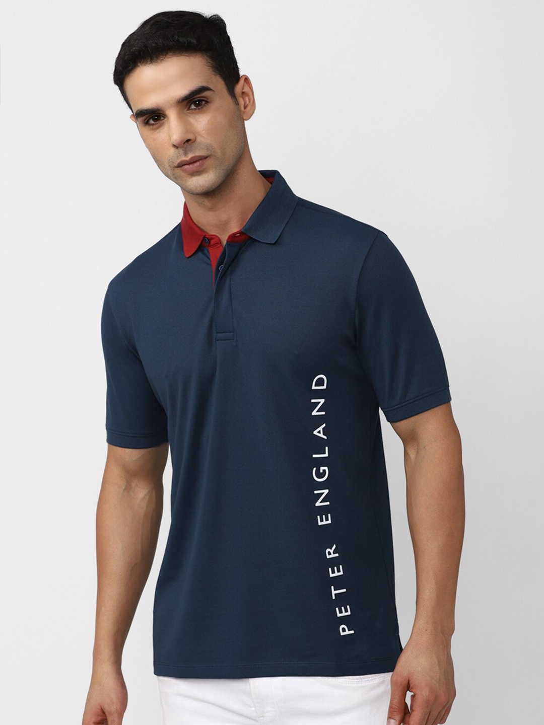 Peter England Casuals Typography Printed Polo Collar T-shirt, Navy blue