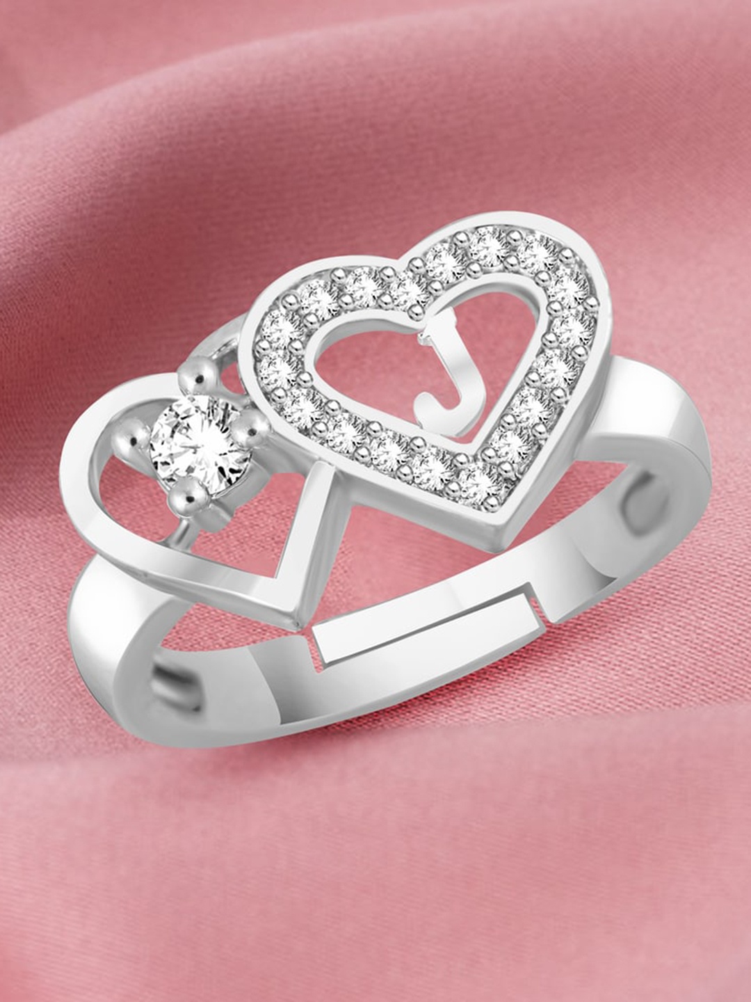 

MEENAZ Silver-Plated Cubic Zirconia Alphabet J Adjustable Ring