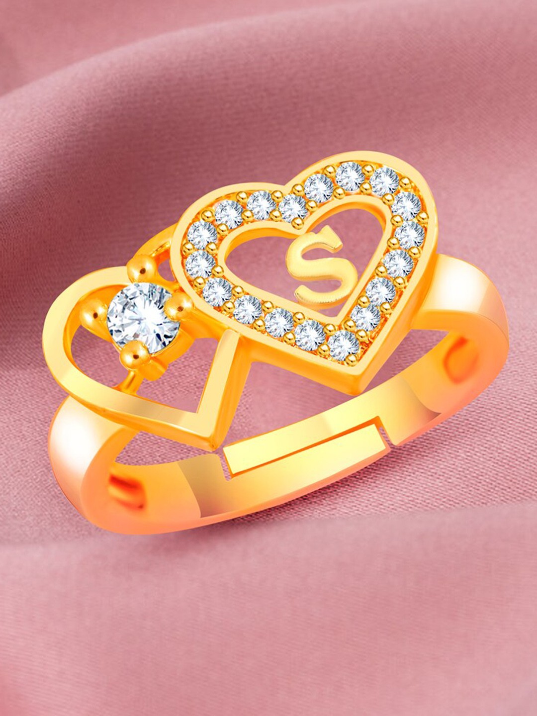 

MEENAZ Gold-Plated CZ Studded Alphabet S Adjustable Ring