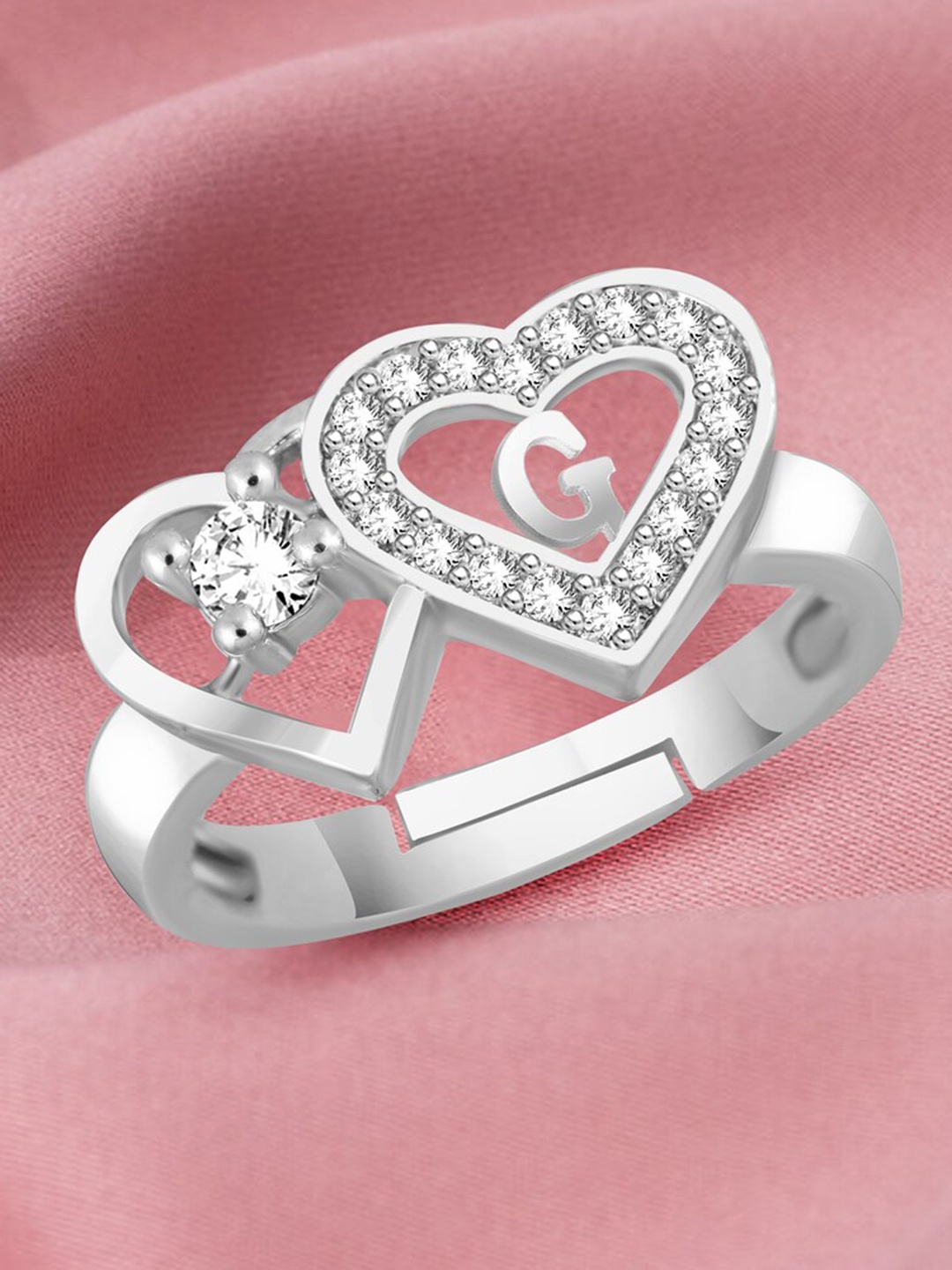 

MEENAZ Silver-Plated CZ Studded Alphabet G Adjustable Ring