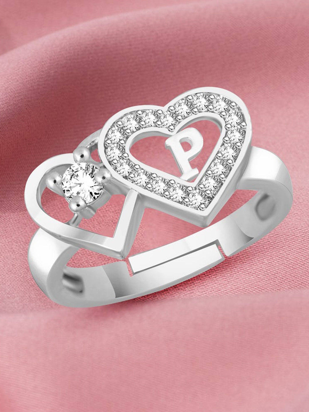 

MEENAZ Silver-Plated Cubic Zirconia Alphabet P Adjustable Ring