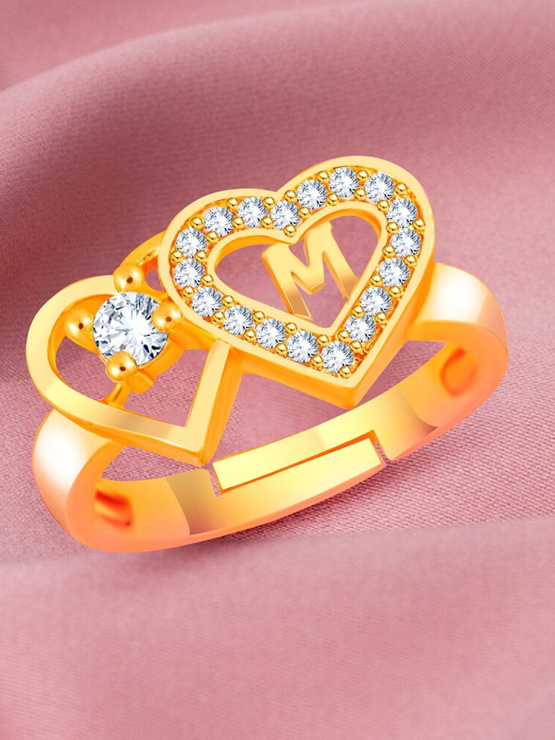 

MEENAZ Gold-Plated Cubic Zirconia Studded Alphabet M Adjustable Ring