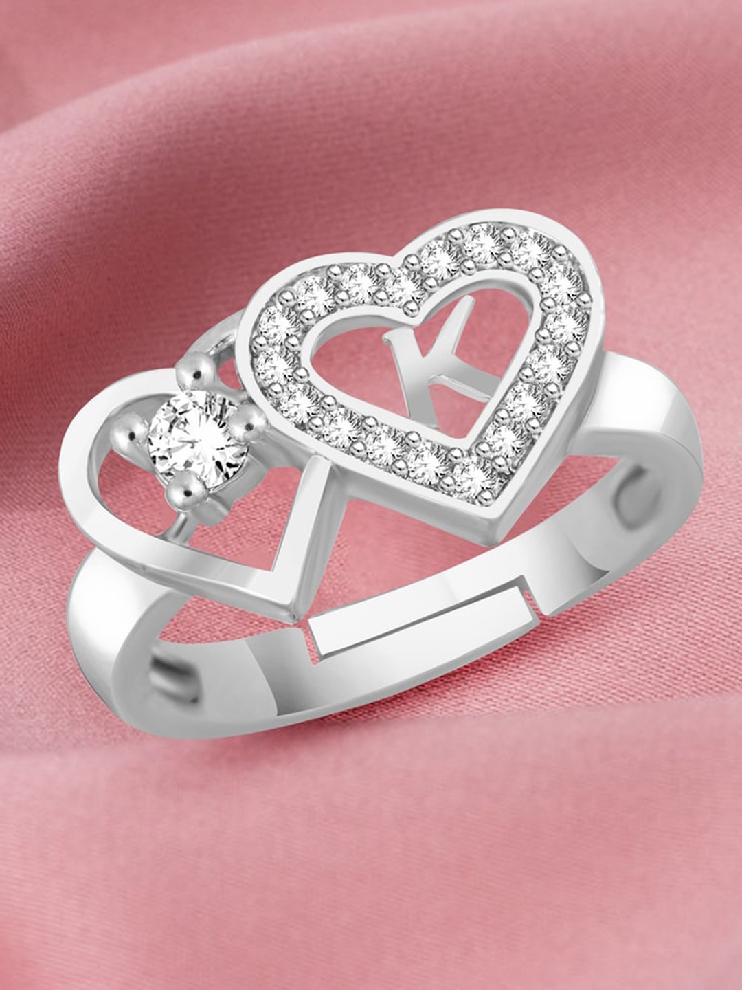 

MEENAZ Silver-Plated Cubic Zirconia Alphabet K Adjustable Ring