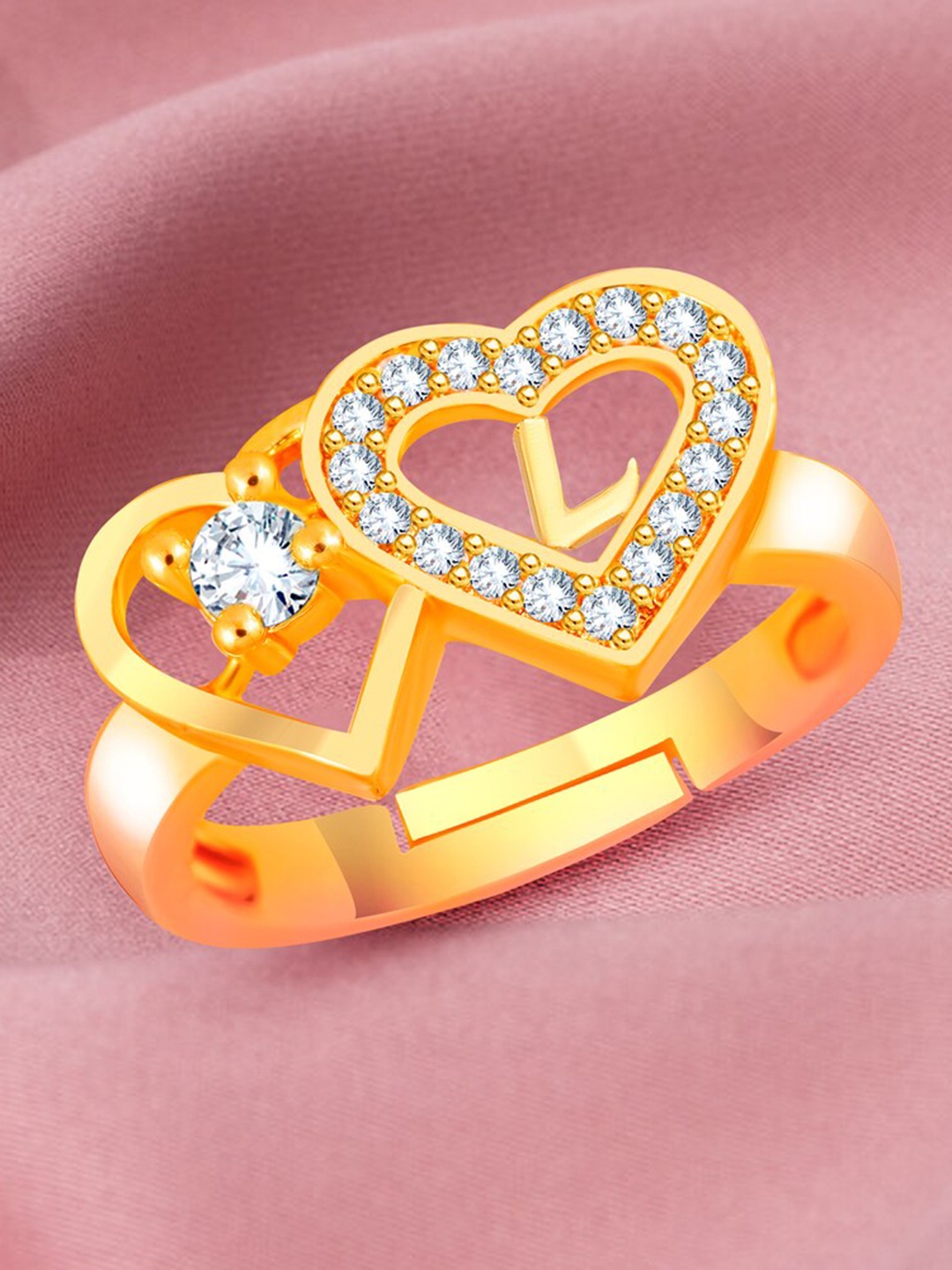 

MEENAZ Gold-Plated CZ Studded Alphabet L Adjustable Ring