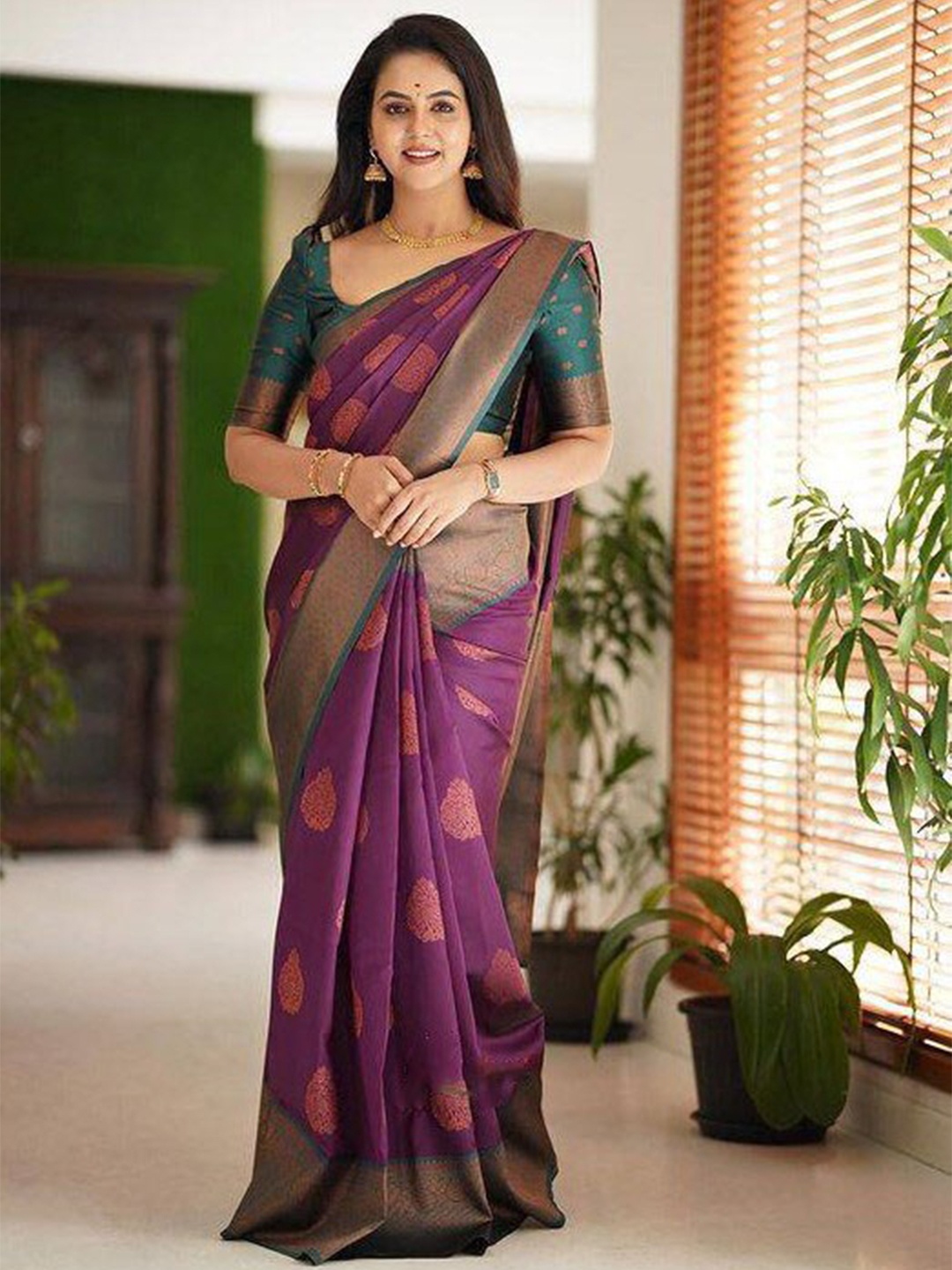 

Fab Viva Ethnic Motifs Woven Design Zari Silk Blend Banarasi Saree, Purple