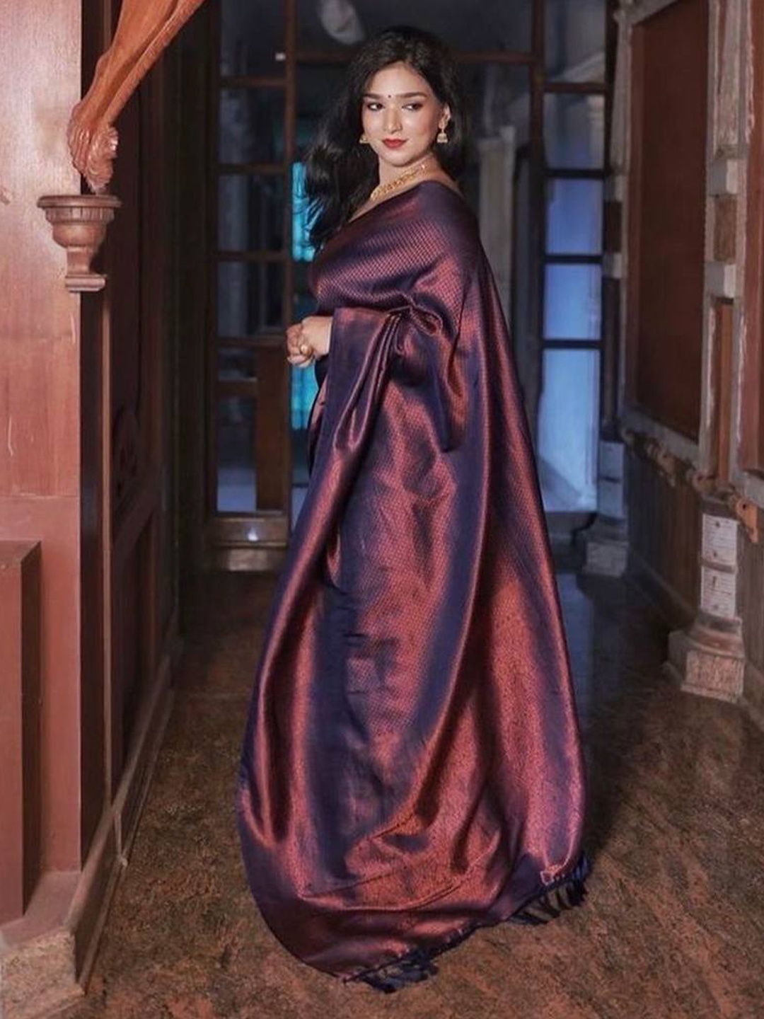 

Fab Viva Ethnic Motifs Woven Design Zari Silk Blend Banarasi Saree, Navy blue