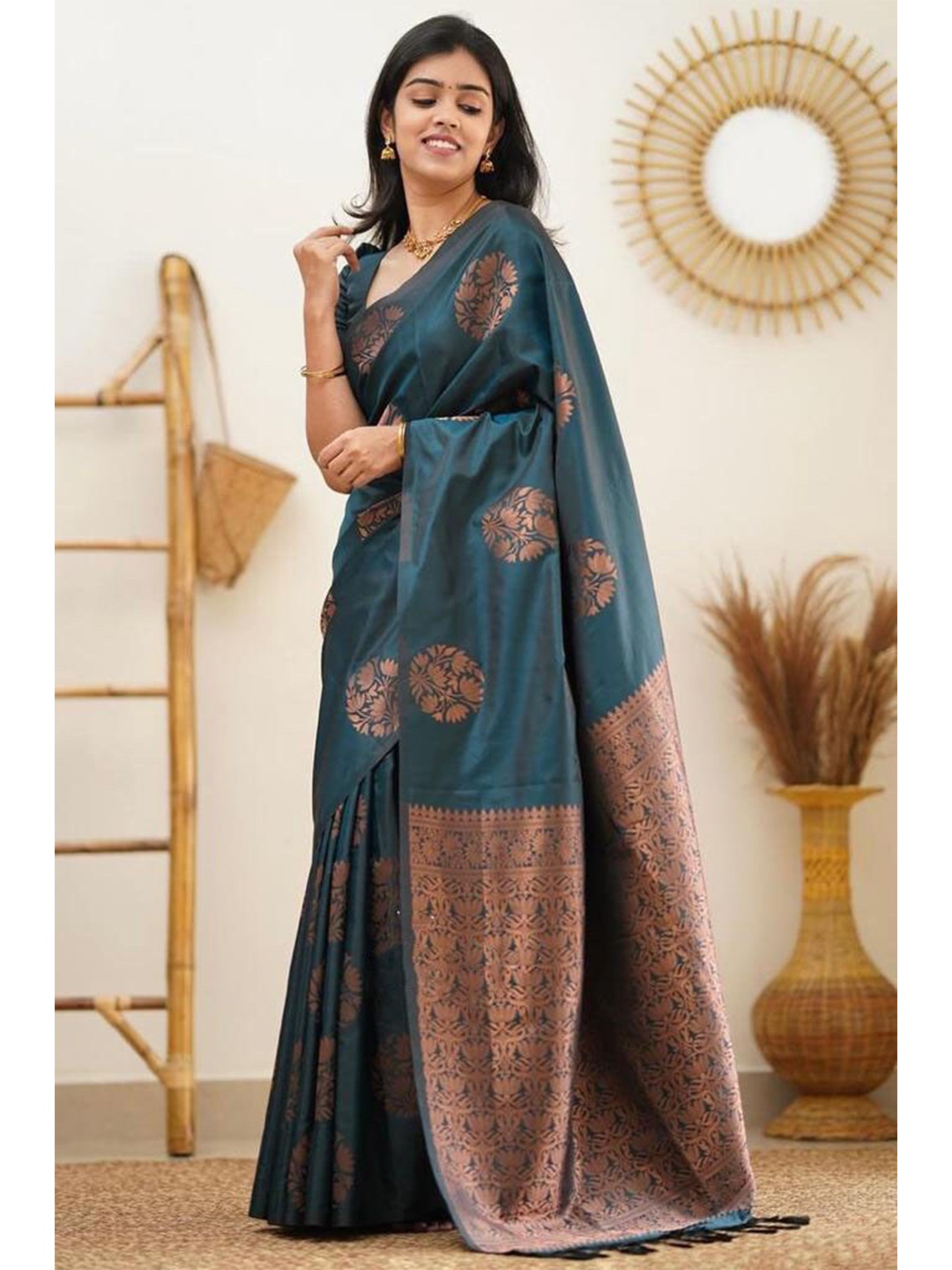 

Fab Viva Woven Design Zari Silk Blend Banarasi Saree, Teal