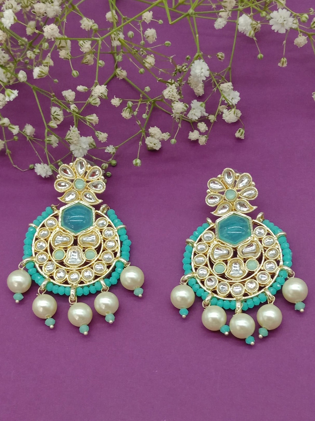 

AASHISH IMITATION Gold-Plated Kundan Studded & Pearls Beaded Chandbalis, Blue