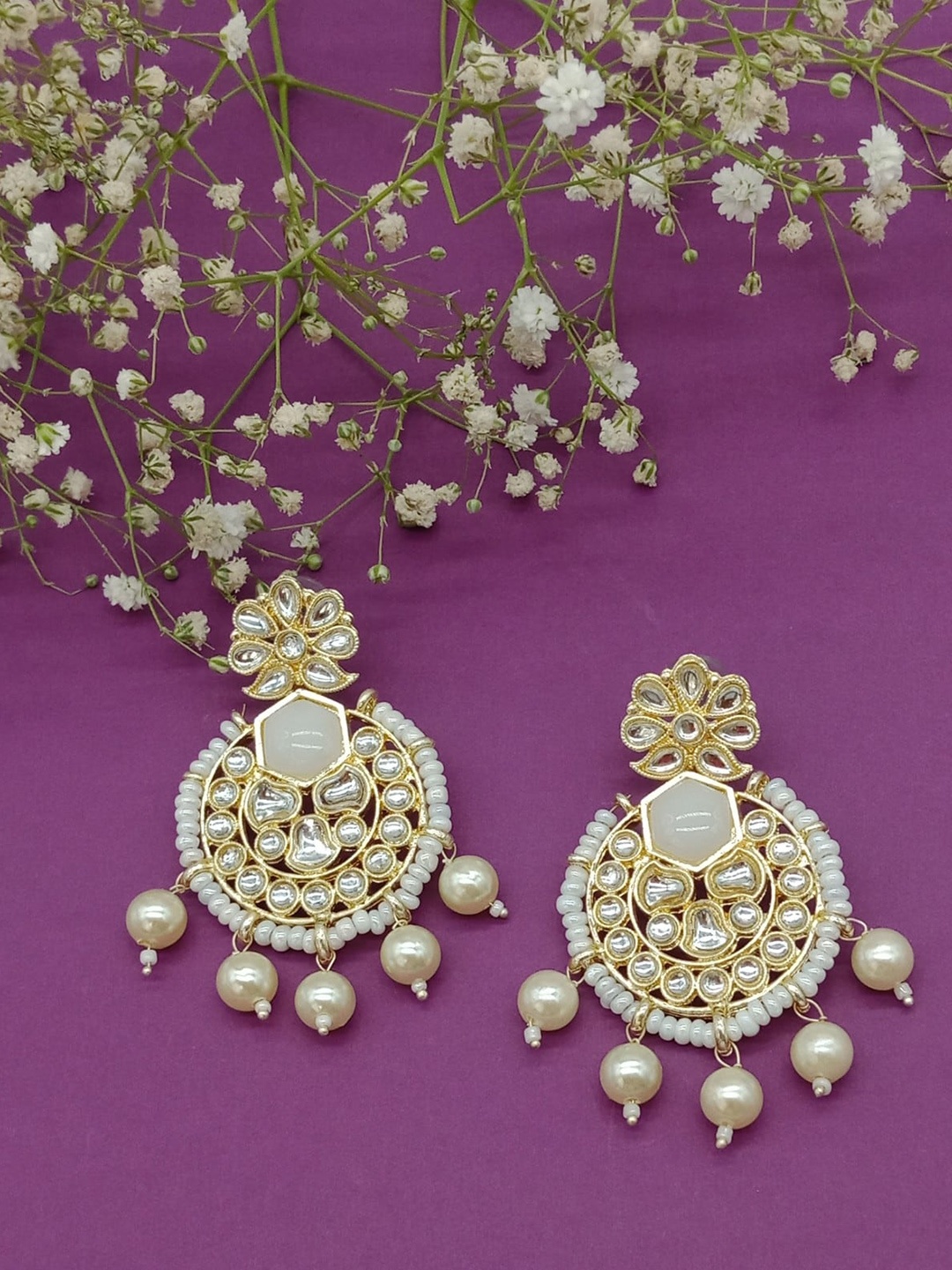 

AASHISH IMITATION Gold-Plated Contemporary Kundan Studded & Beaded Drop Earrings