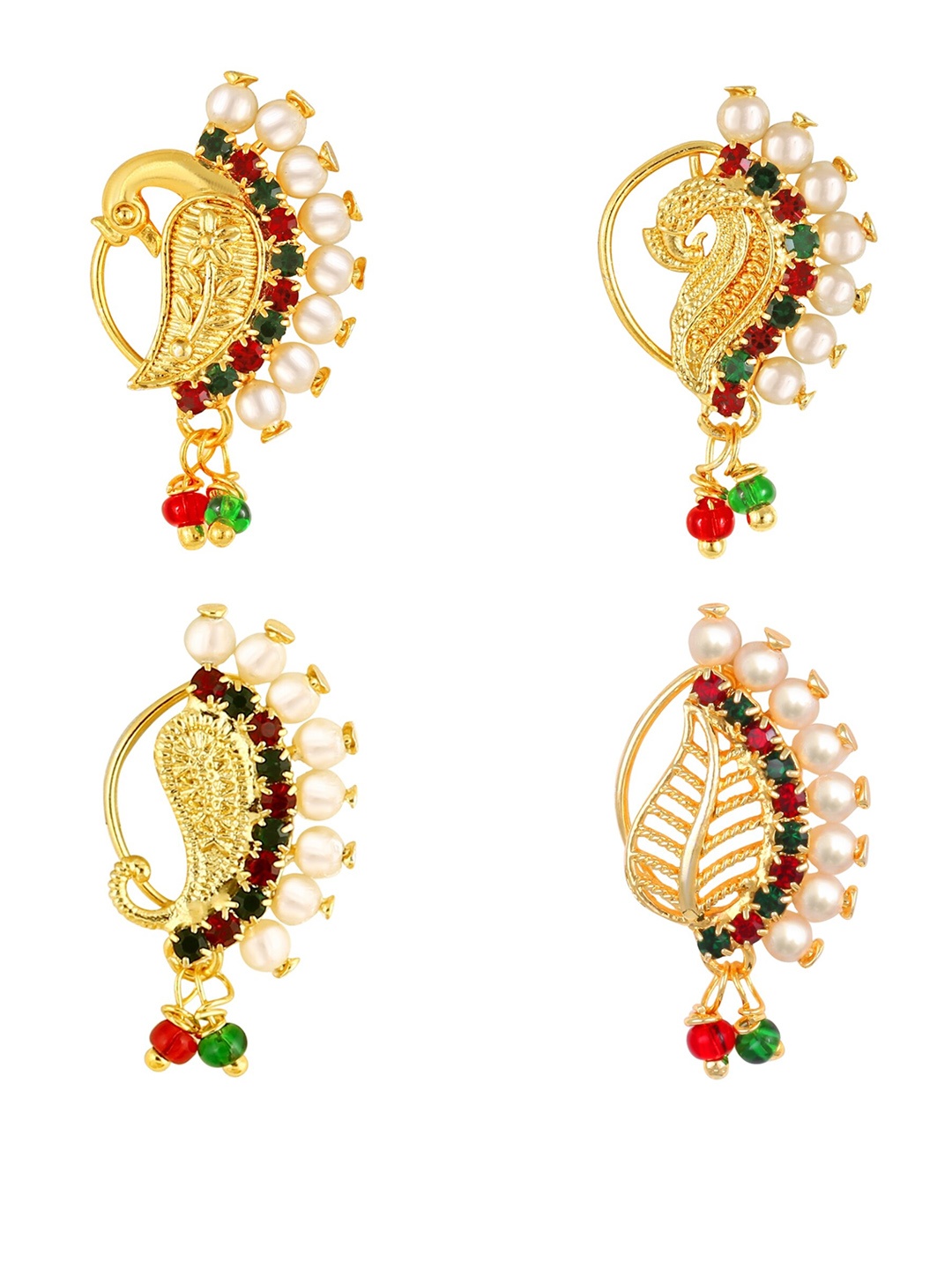 

Vighnaharta Set Of 4 Gold-Plated Stone Studded & Pearls Beaded Nosepins