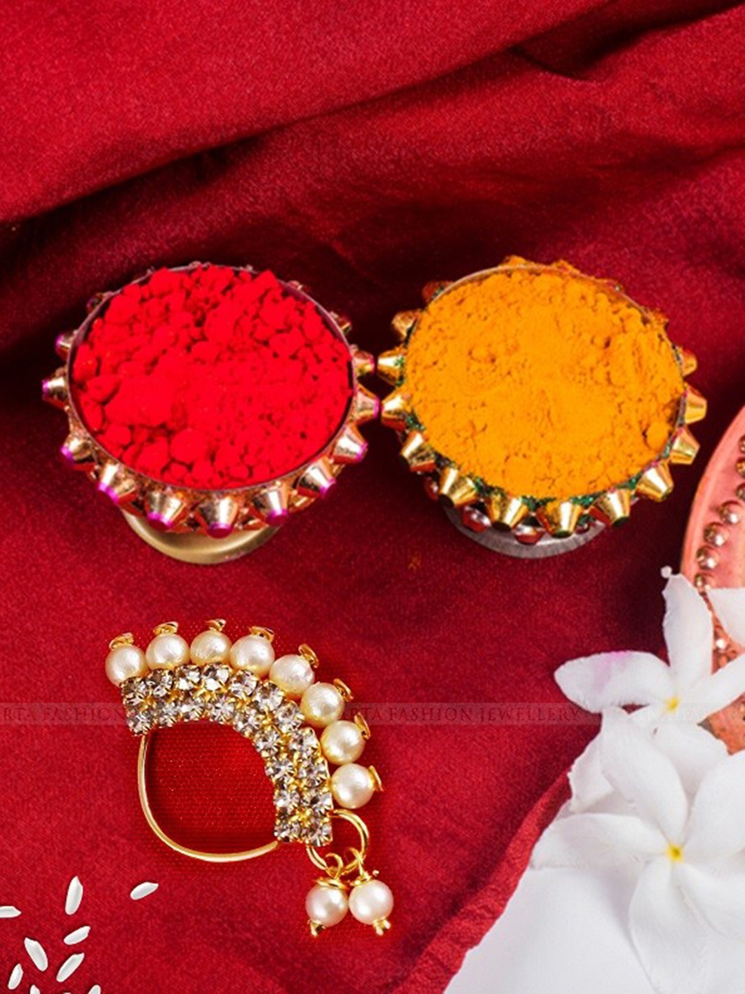 

Vighnaharta Set Of 2 Gold-Plated Stone-Studded & Pearl Beaded Nosepins