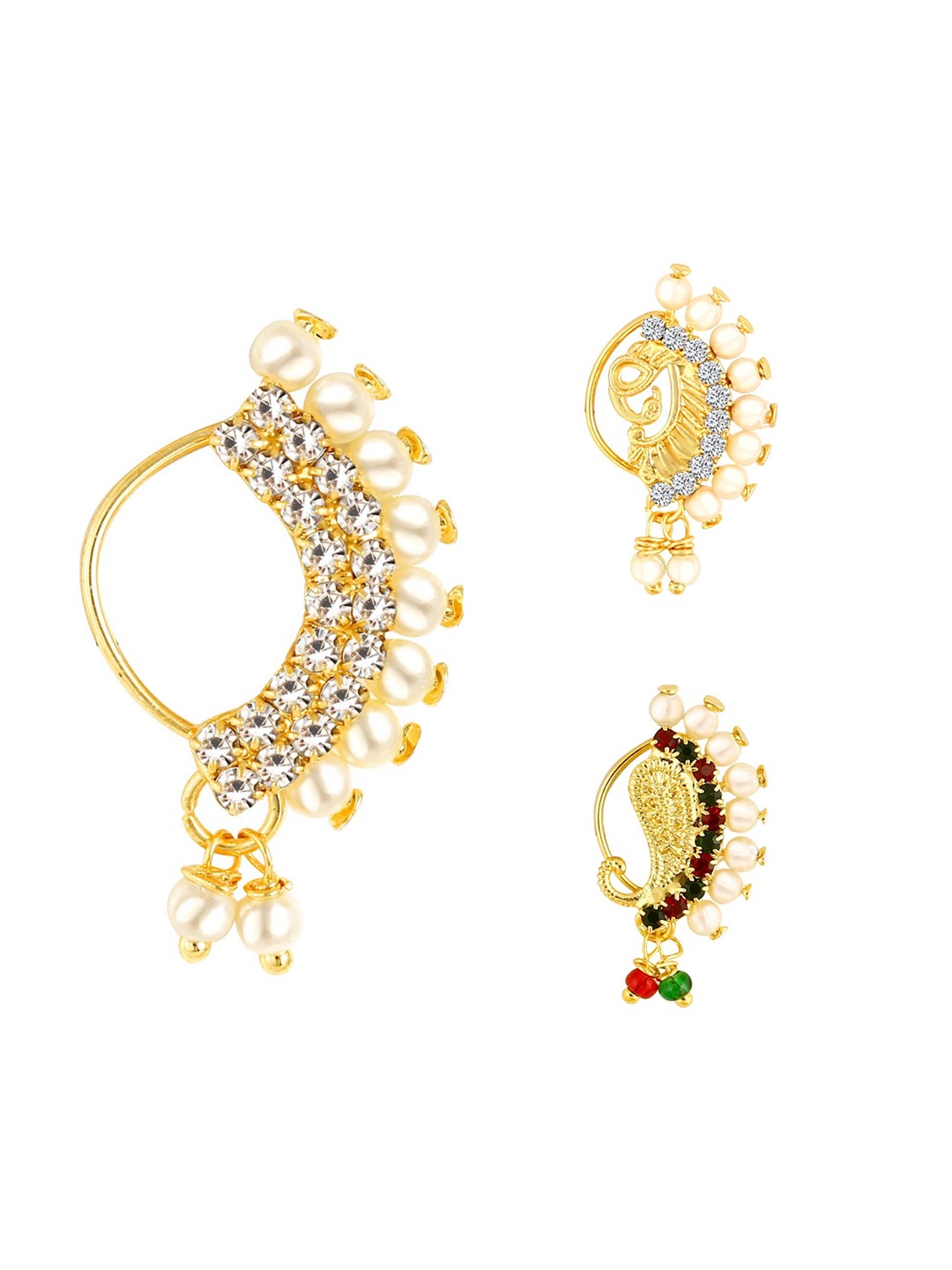 

Vighnaharta Set Of 3 Gold-Plated AD-Studded & Pearl Beaded Nosepins
