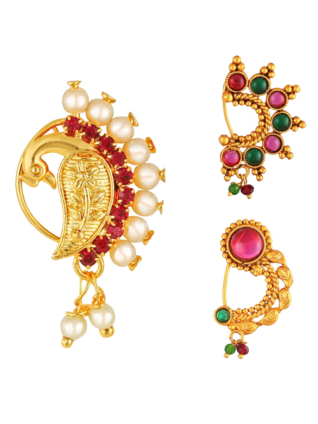 

Vighnaharta Set Of 3 Gold-Plated AD Stone-Studded & Pearl Beaded Nosepin