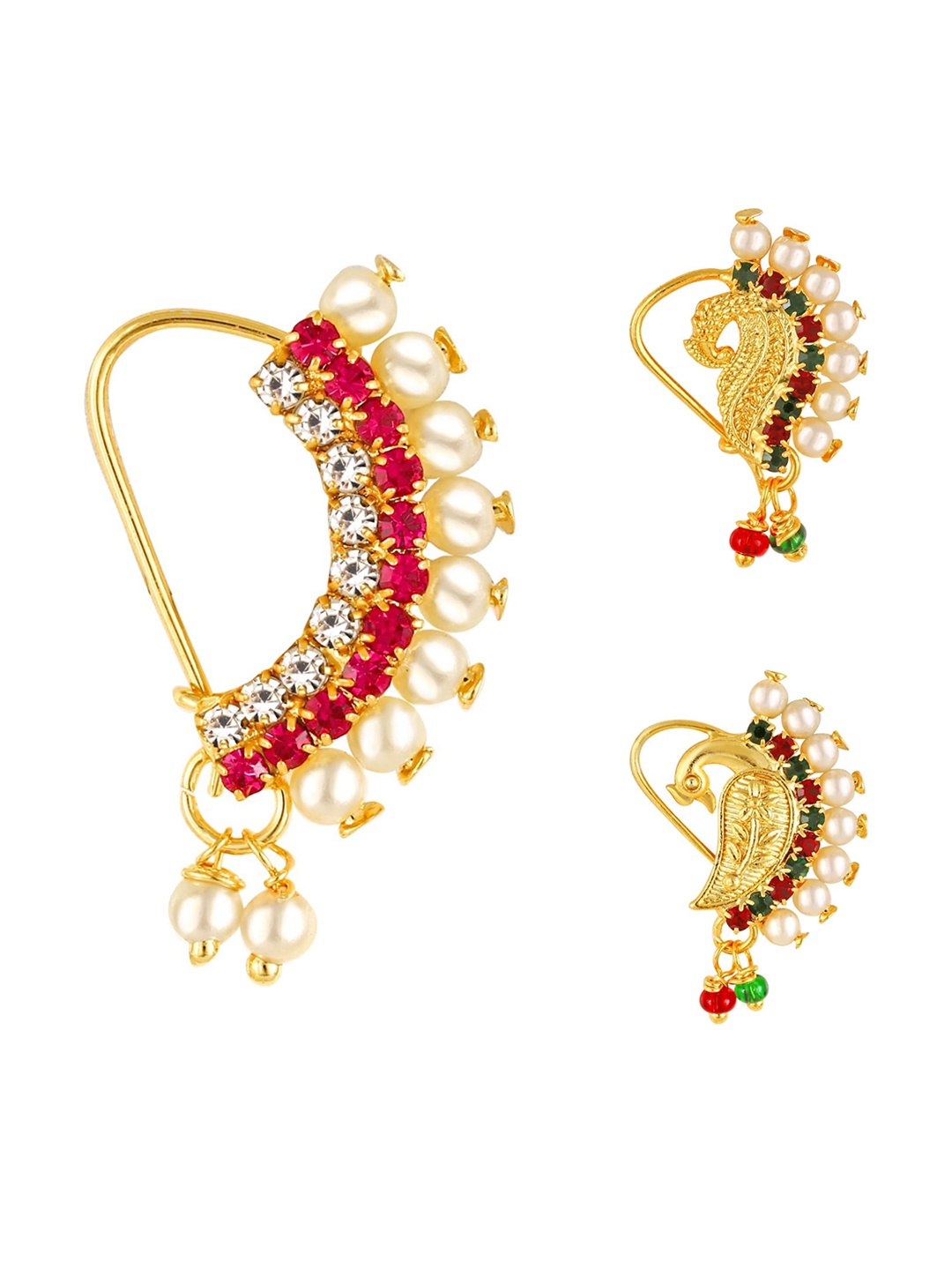 

Vighnaharta Set Of 3 Gold-Plated Stone Studded & Pearls Beaded Nosepins