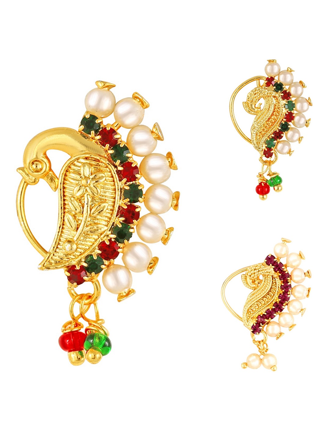 

Vighnaharta Set Of 3 Gold-Plated Stone Studded & Pearls Beaded Nosepins