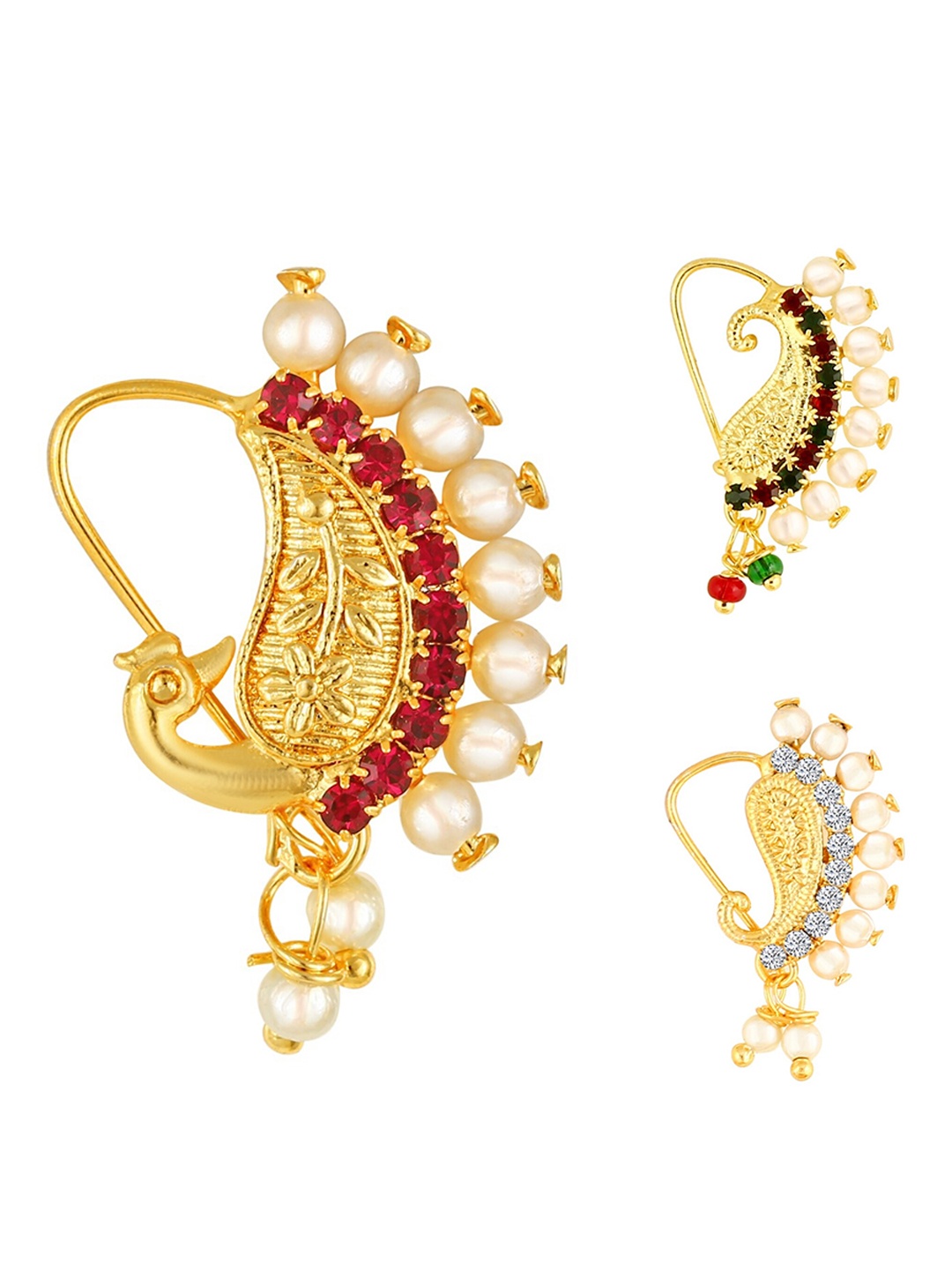 

Vighnaharta Set Of 3 Gold-Plated AD Stone-Studded & Pearl Beaded Nosepins