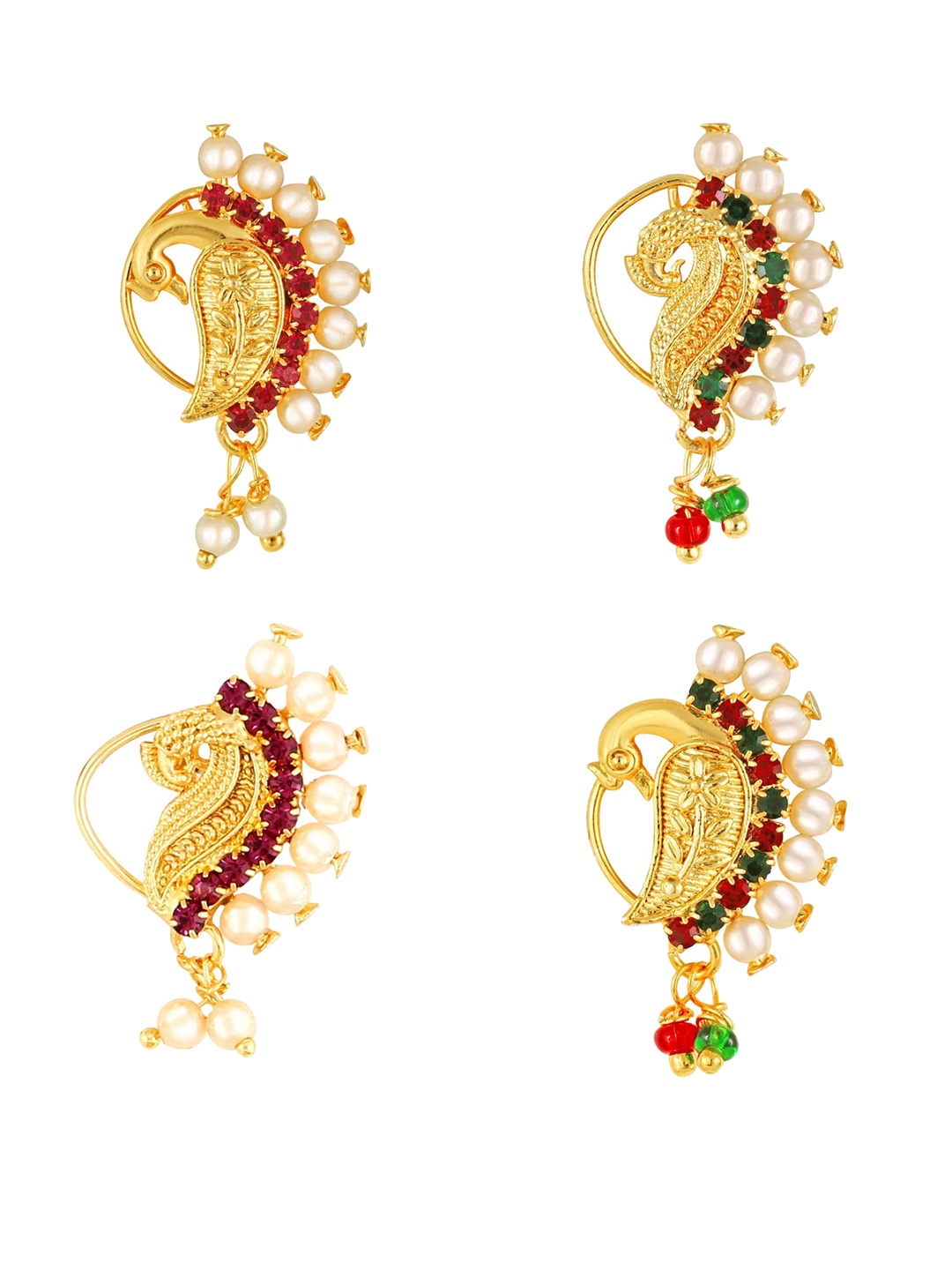 

Vighnaharta Set Of 4 Gold-Plated Artificial Stones-Studded Clip-On Nose Rings