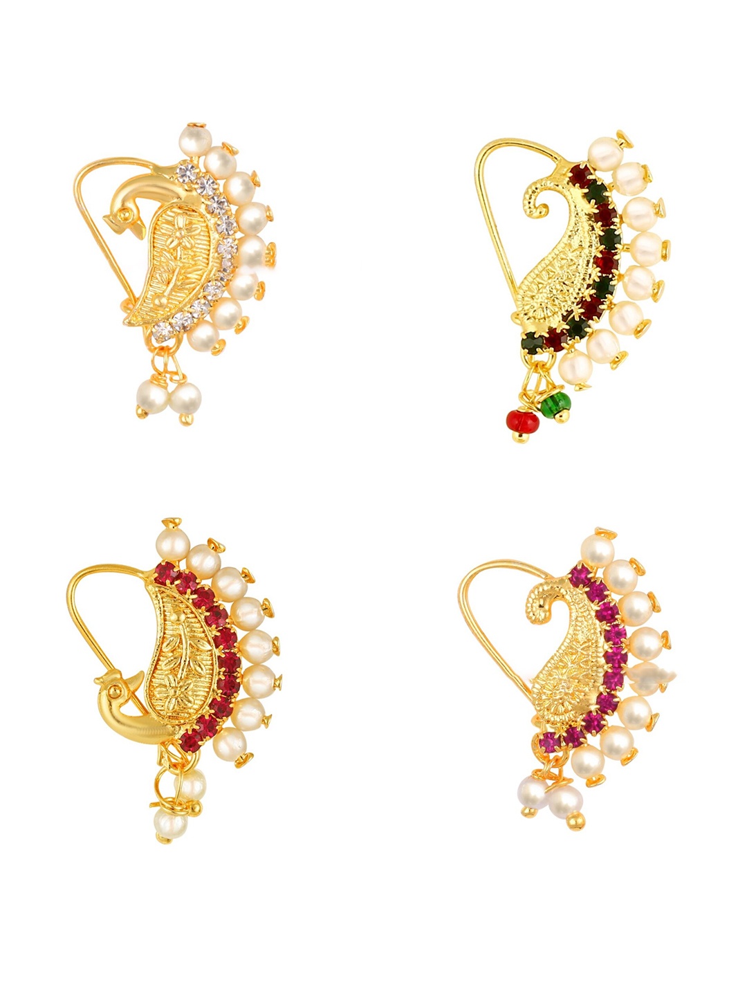 

Vighnaharta Set Of 4 Gold-Plated AD-Studded & Beaded Nosepins