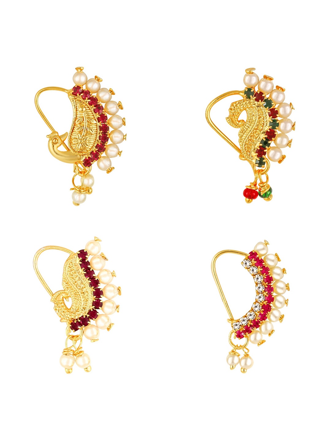 

Vighnaharta Set Of 4 Gold-Plated Stone Studded & Pearls Beaded Nosepins
