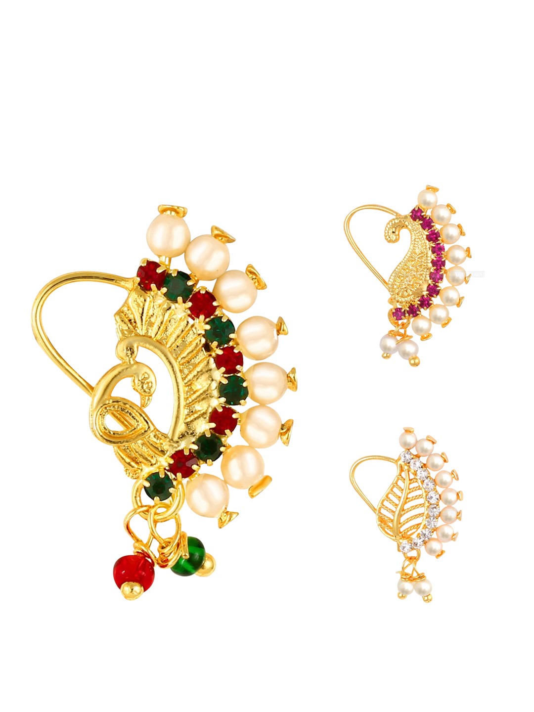 

Vighnaharta Set Of 3 Gold-Plated AD Stone-Studded & Beaded Nosepin