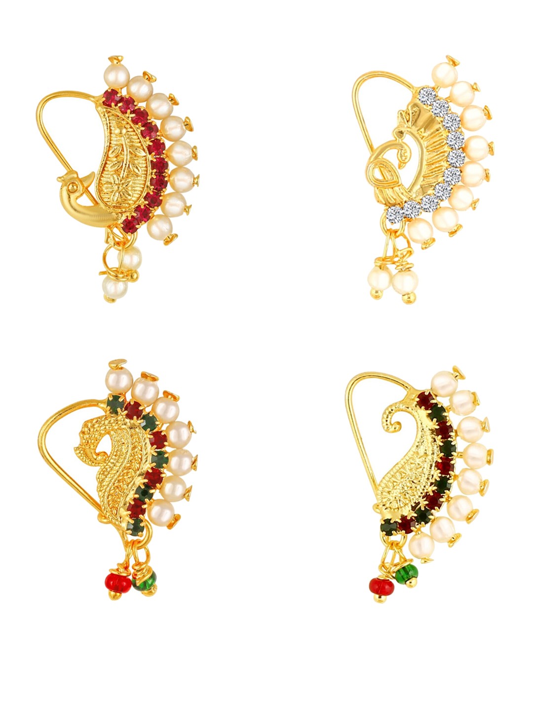 

Vighnaharta Set Of 4 Gold-Plated Stone Studded & Beaded Nosepins