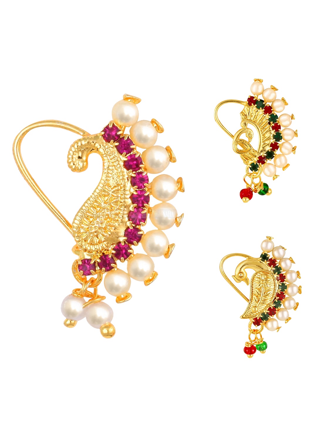 

Vighnaharta Set Of 3 Gold-Plated Stone Studded & Pearls Beaded Nosepins