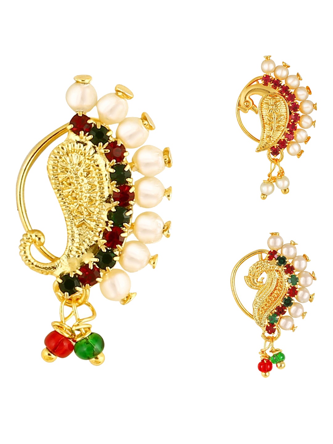 

Vighnaharta Set Of 3 Gold-Plated AD Stone-Studded & Beaded Nosepin