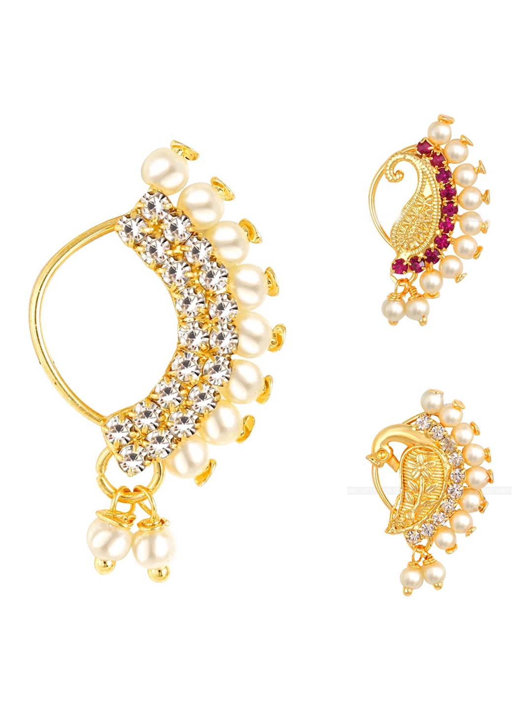 

Vighnaharta Set Of 3 Gold-Plated AD Stone-Studded & Beaded Nosepin