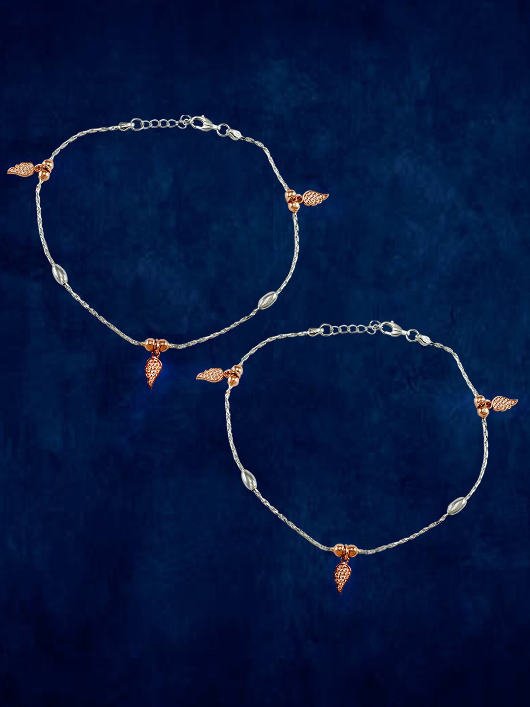 

Taraash Set Of 2 92.5 Sterling Silver Rose Gold-Plated Leaf Charm Anklets