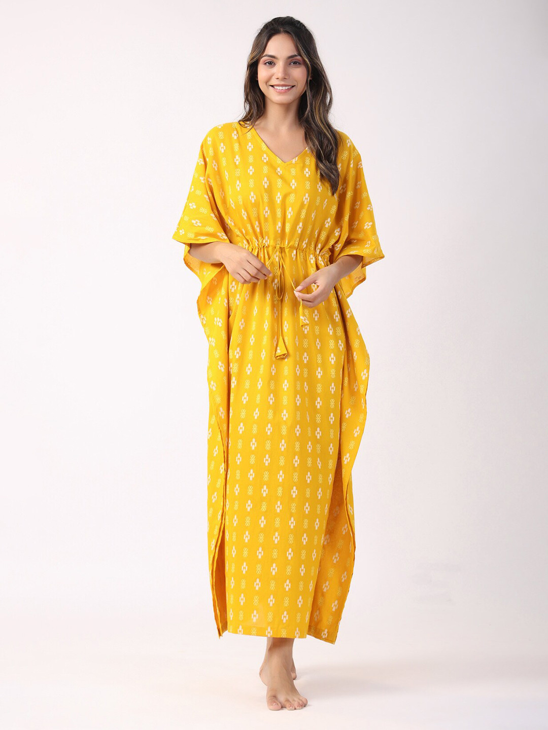 

JISORA Yellow Printed Kaftan Nightdress