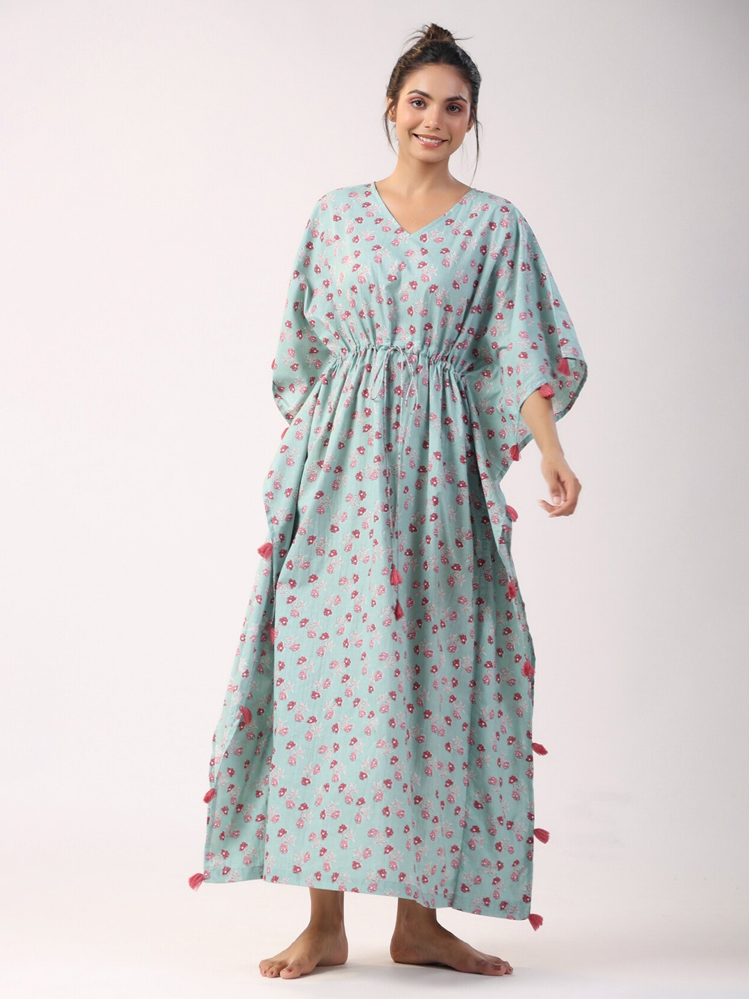 

JISORA Blue & Red Printed Pure Cotton Kaftan Maxi Nightdress