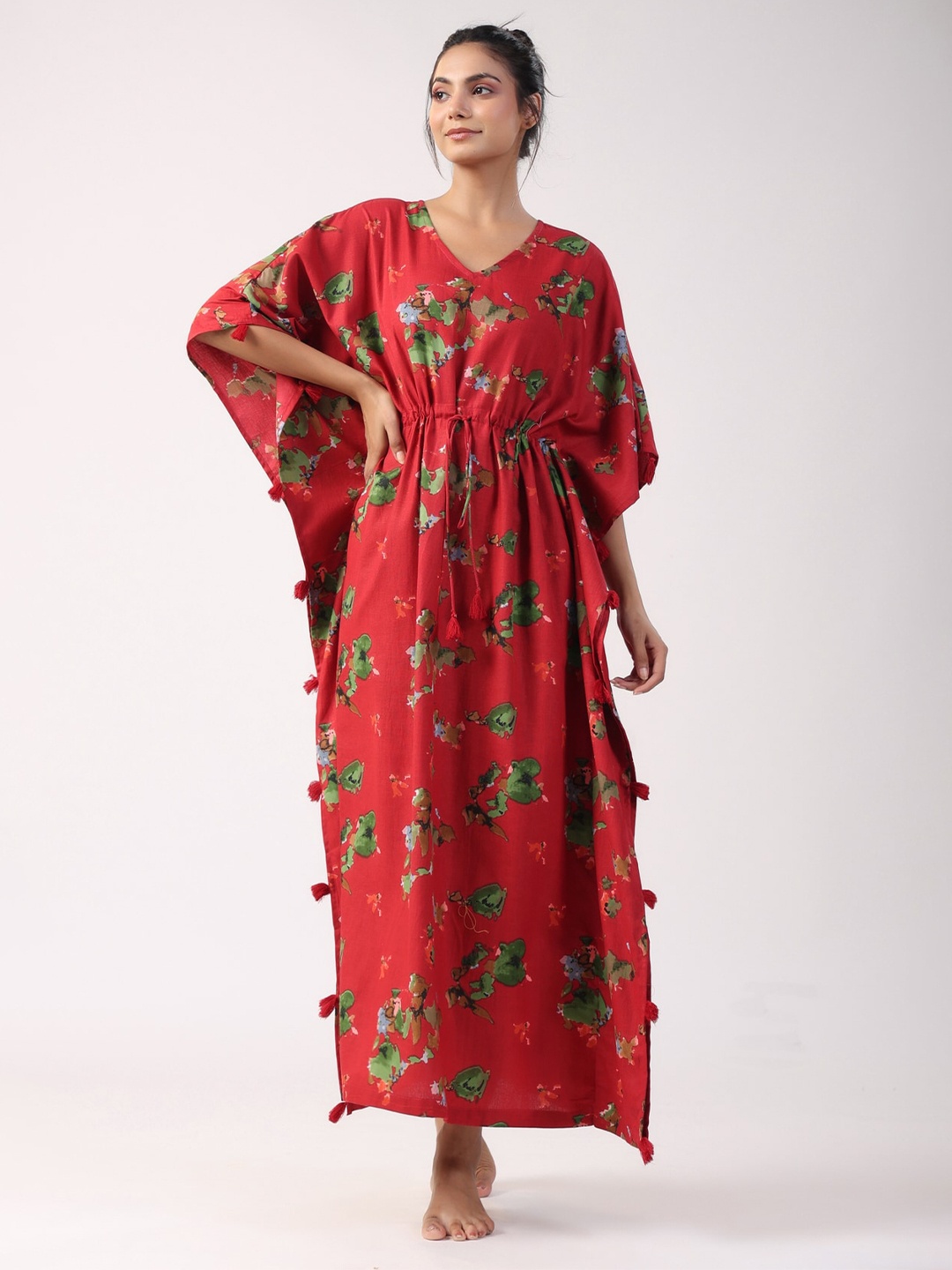 

JISORA Red & Green Abstract Printed Pure Cotton Kaftan Maxi Nightdress