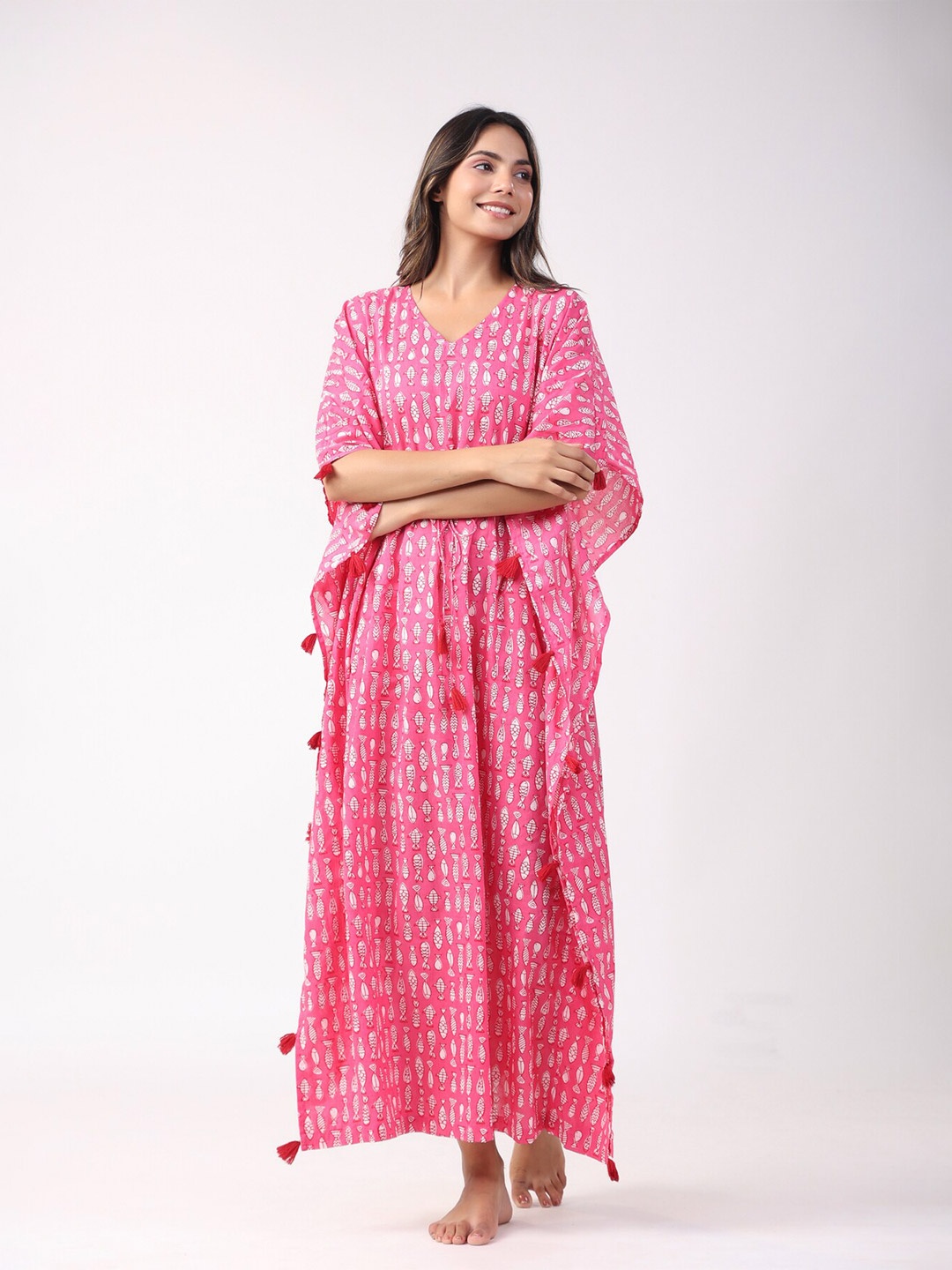 

JISORA Pink & White Printed Pure Cotton Kaftan Maxi Nightdress