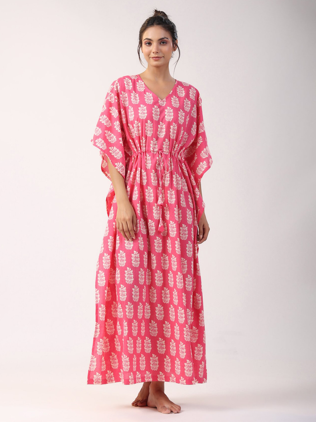 

JISORA Pink & White Floral Printed Kaftan Maxi Nightdress