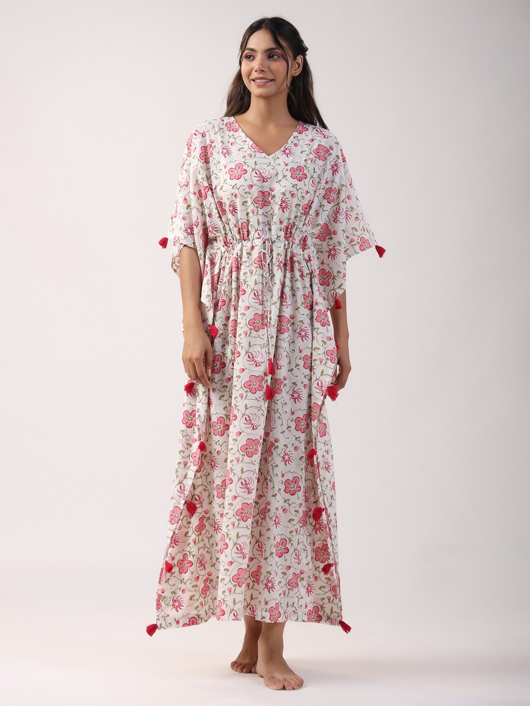 

JISORA Pink Floral Printed Pure Cotton Kafthan Nightdress, White