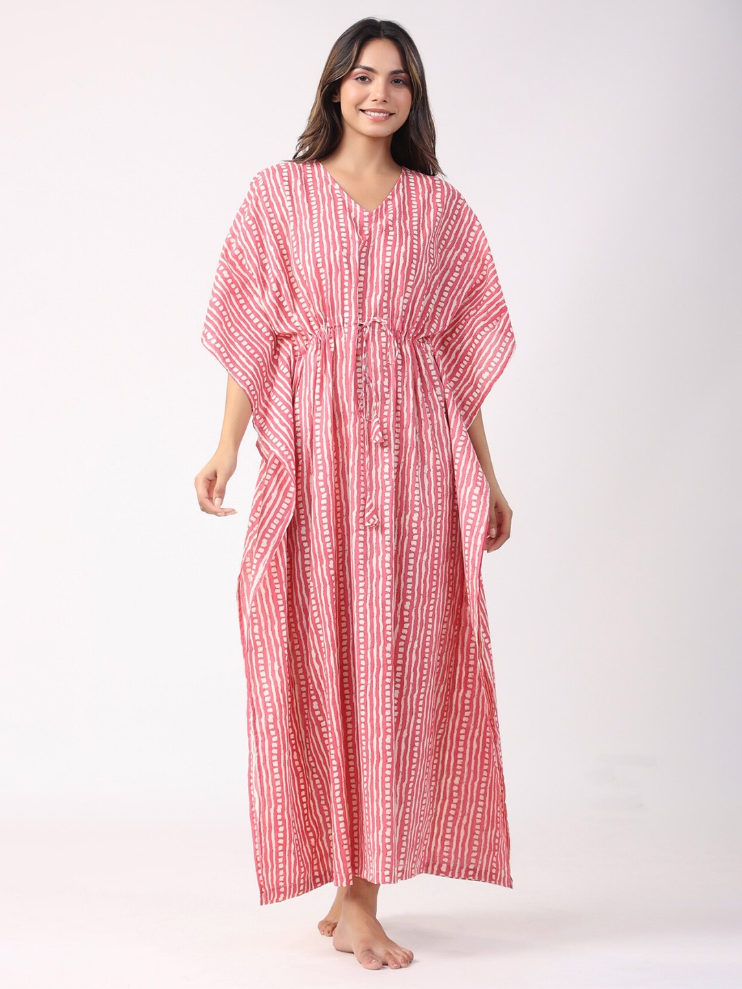 

JISORA Pink Striped Pure Cotton Kafthan Nightdress