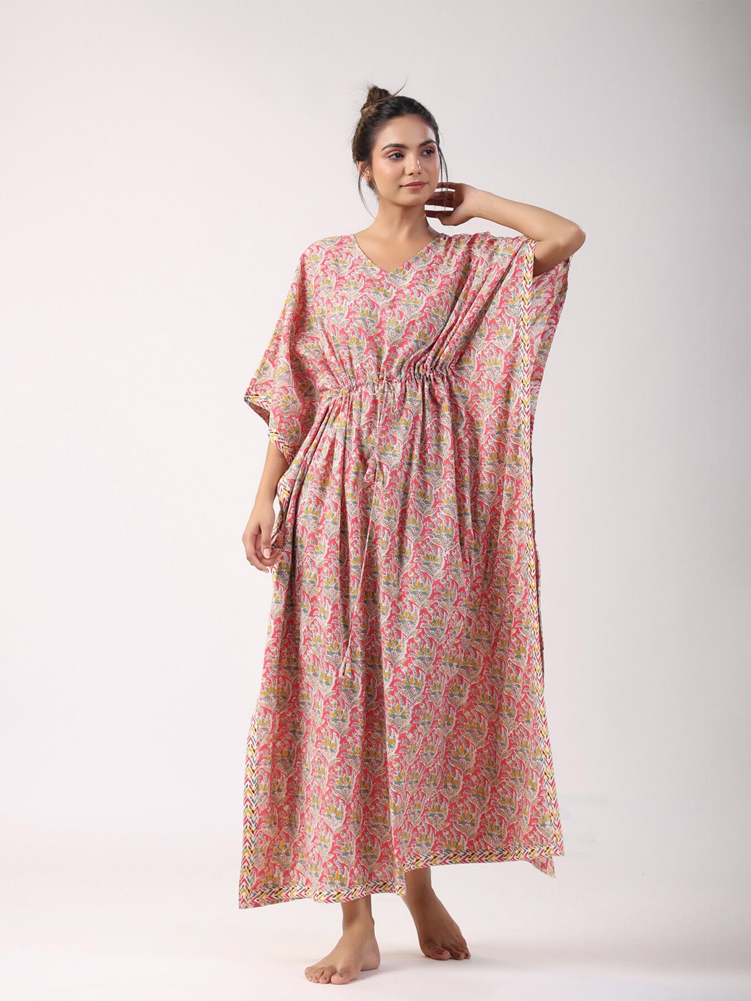 

JISORA Pink Ethnic Motifs Printed Pure Cotton Kafthan Nightdress