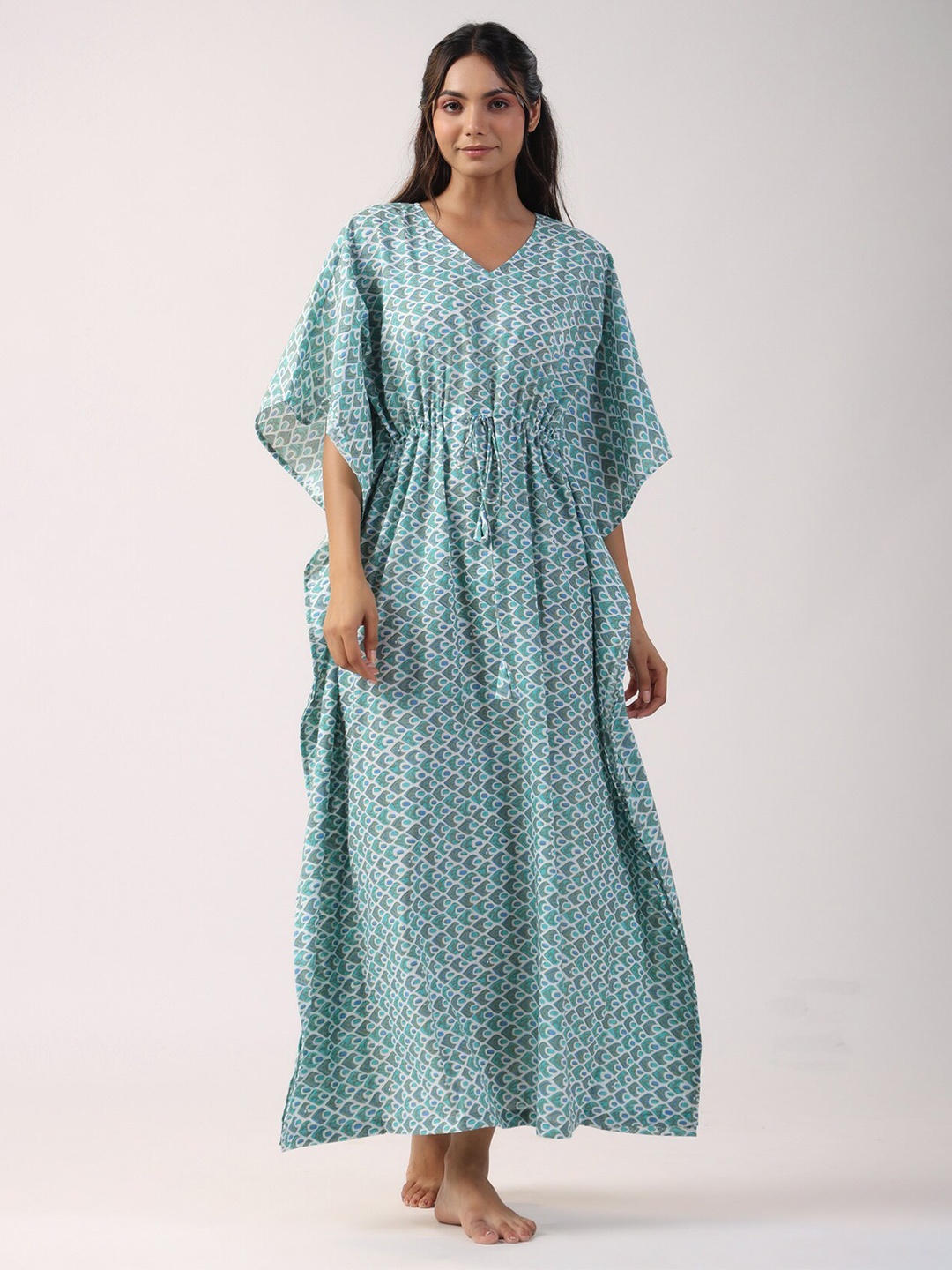 

JISORA Blue Conversational Printed Pure Cotton Kafthan Nightdress