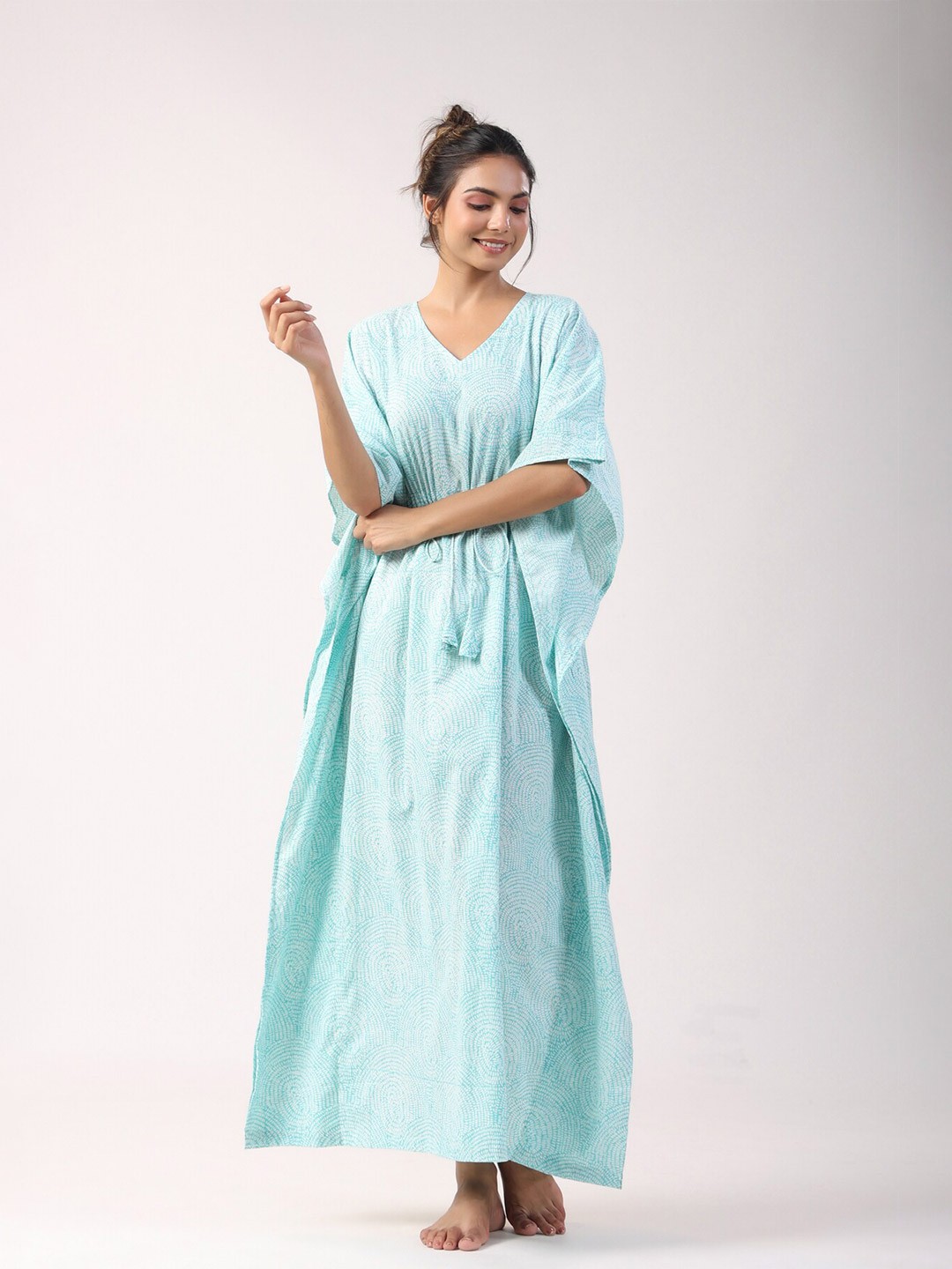 

JISORA Blue Printed Pure Cotton Kafthan Nightdress