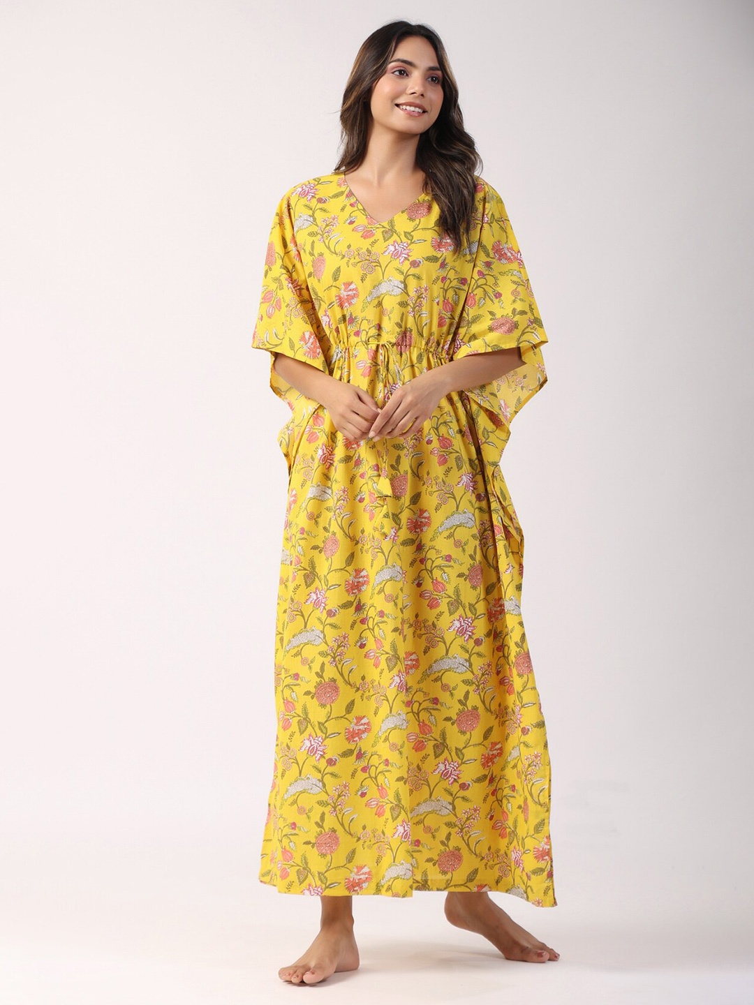 

JISORA Yellow Floral Printed Maxi Pure Cotton Kafthan Nightdress