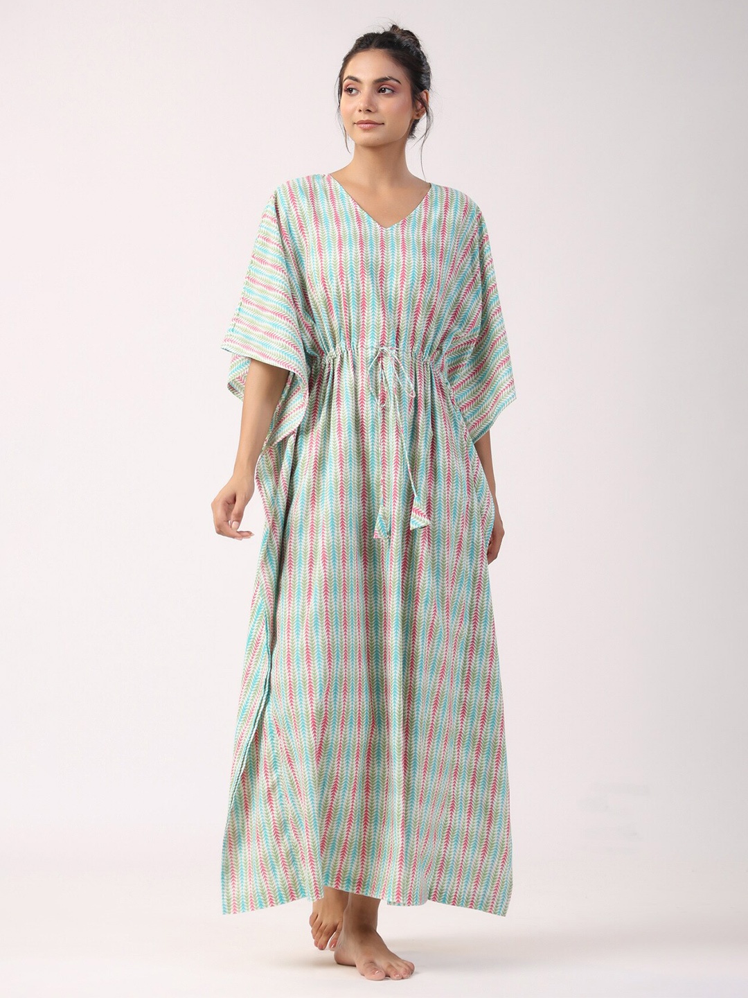 

JISORA Blue Printed Pure Cotton Kafthan Nightdress