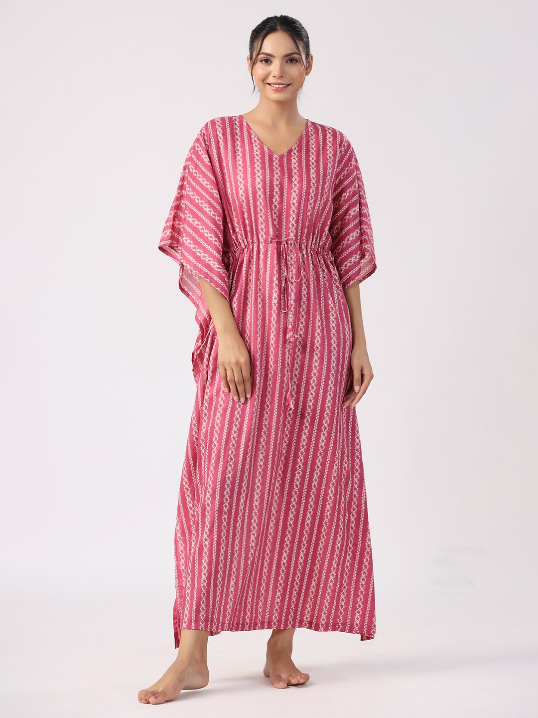 

JISORA Pink Printed Pure Cotton Maxi Kaftan Nightdress